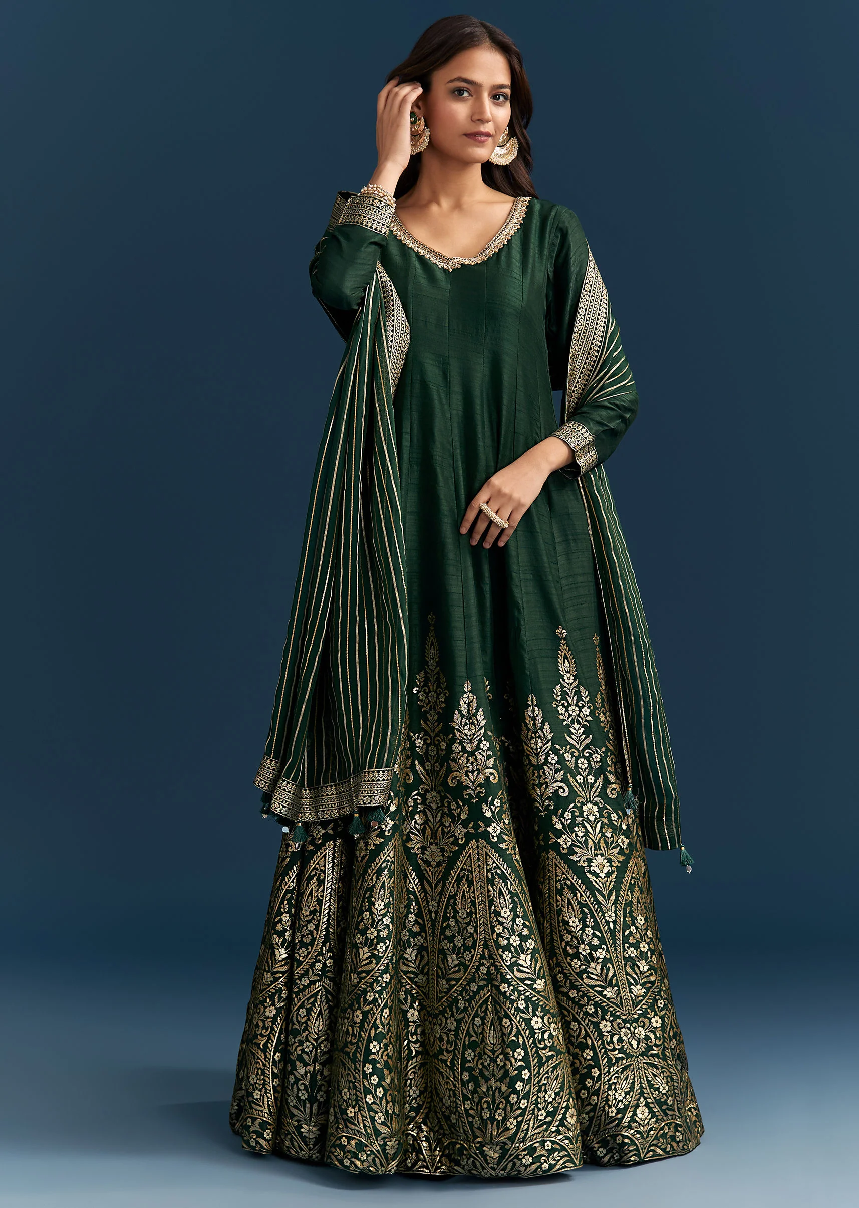 Dark Green Jacquard Silk Anarkali Suit With Festive Dupatta - Image 4