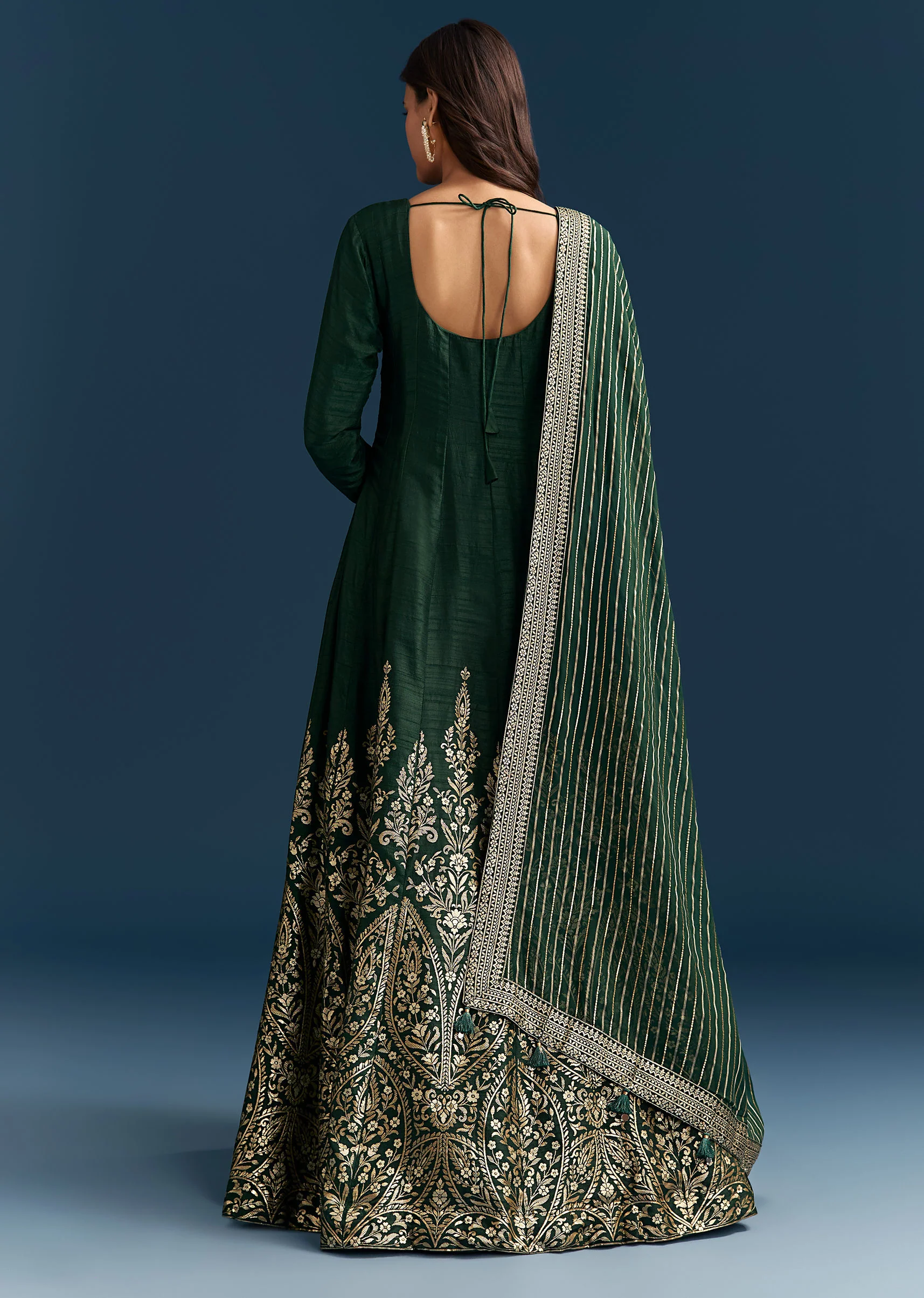 Dark Green Jacquard Silk Anarkali Suit With Festive Dupatta - Image 5