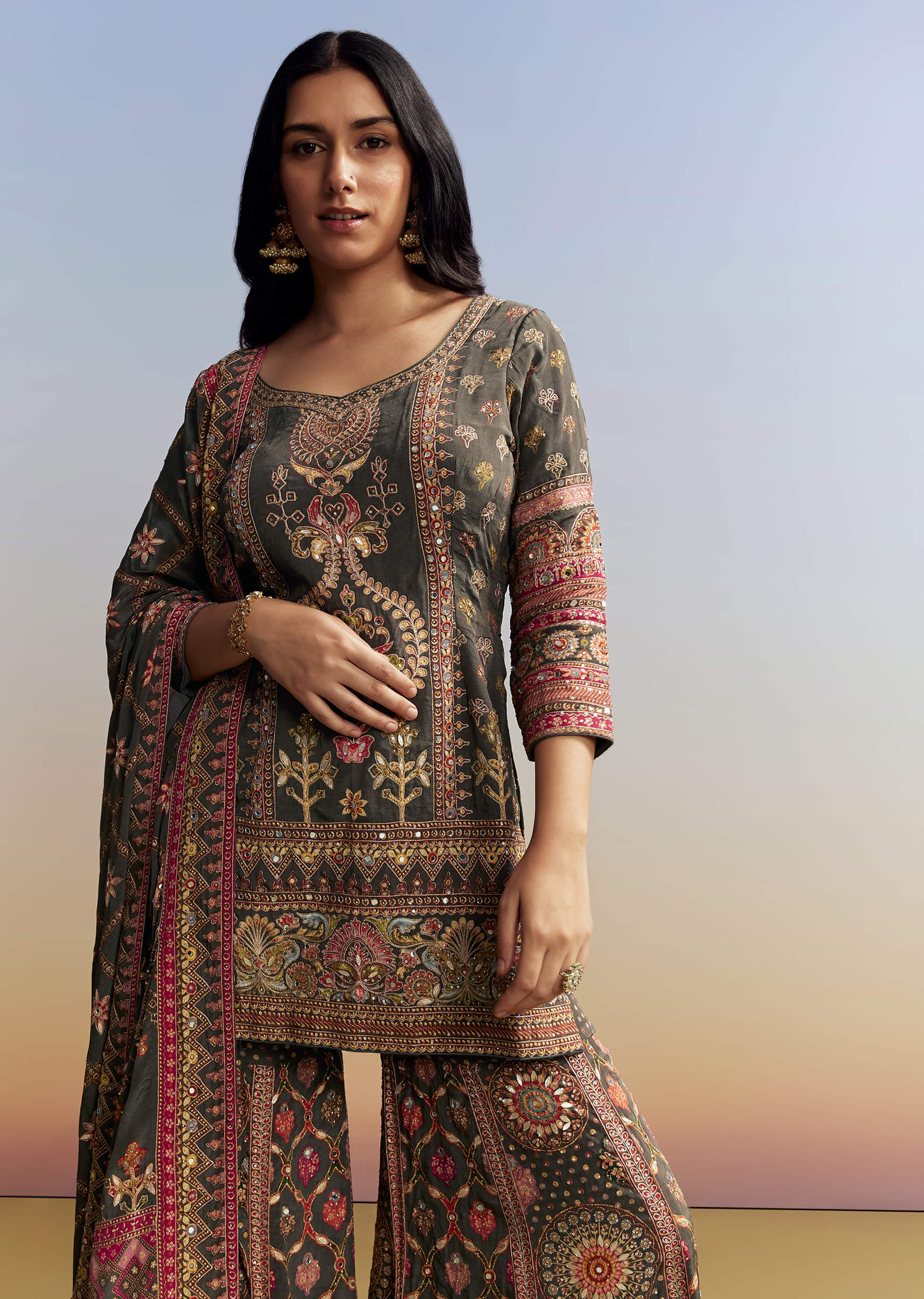 Dark Green Printed Sharara Set - Image 4
