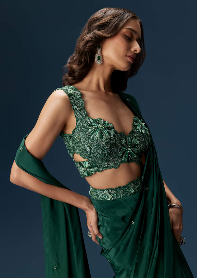 Dark Green Ready Pleated Saree With Embellished Blouse - Image 4