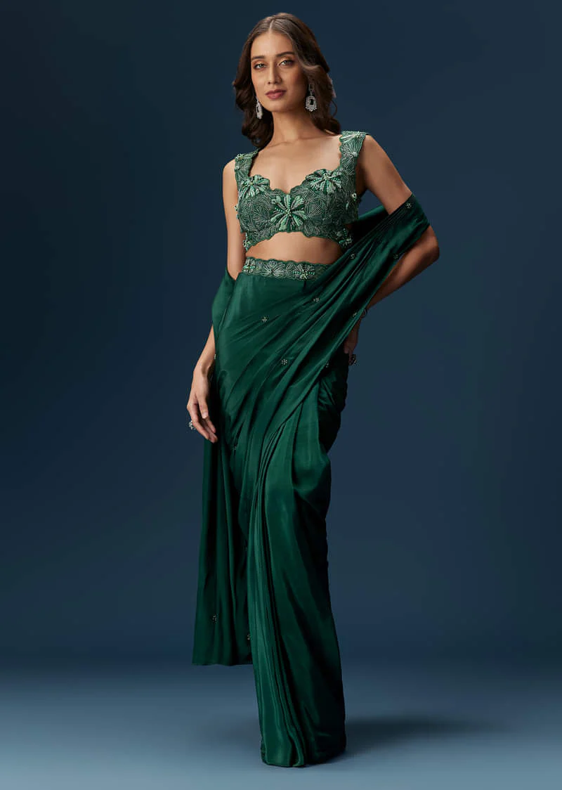 Dark Green Ready Pleated Saree With Embellished Blouse - Image 5