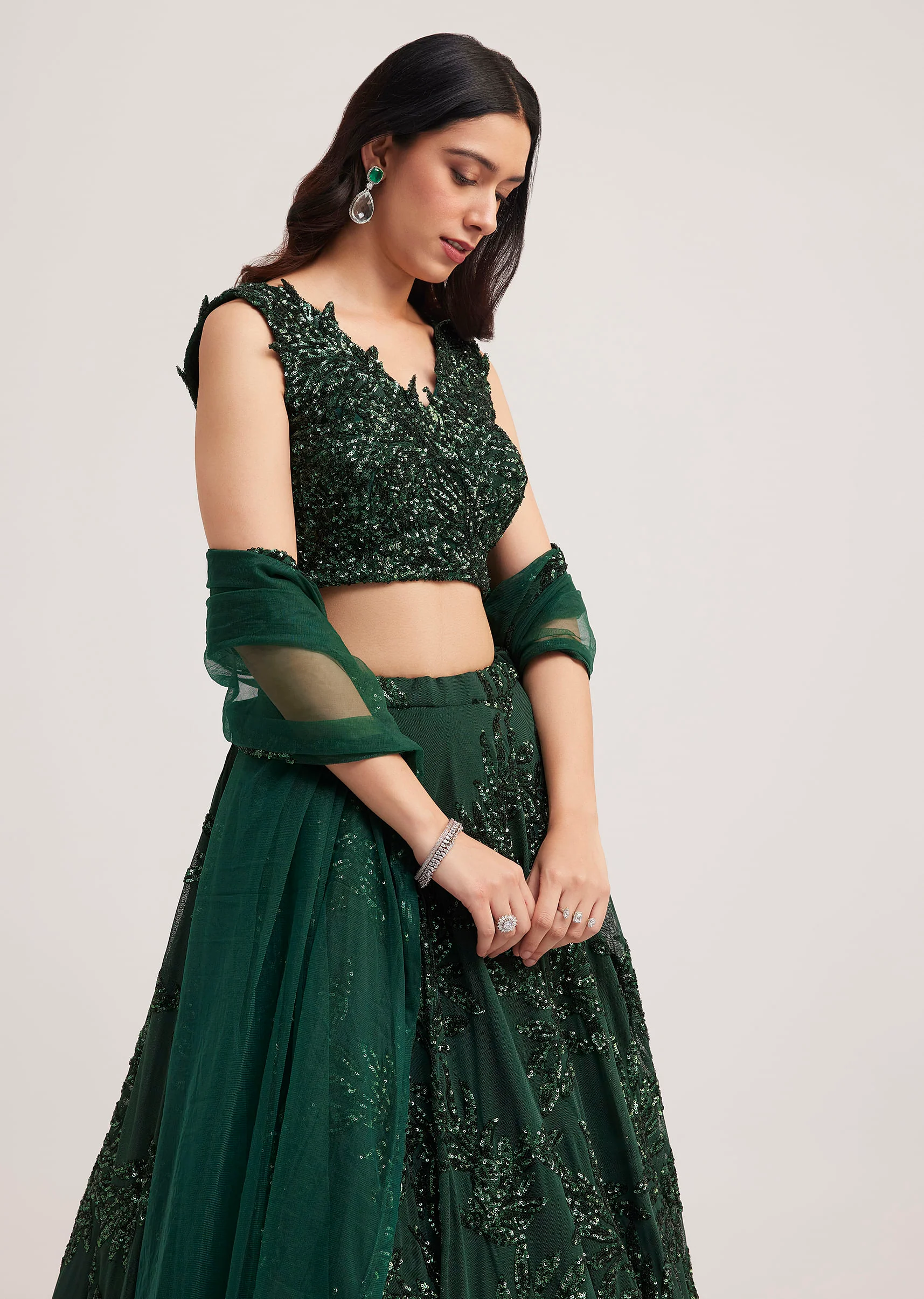 Dark Green Sequin Embellished Lehenga Set - Image 2