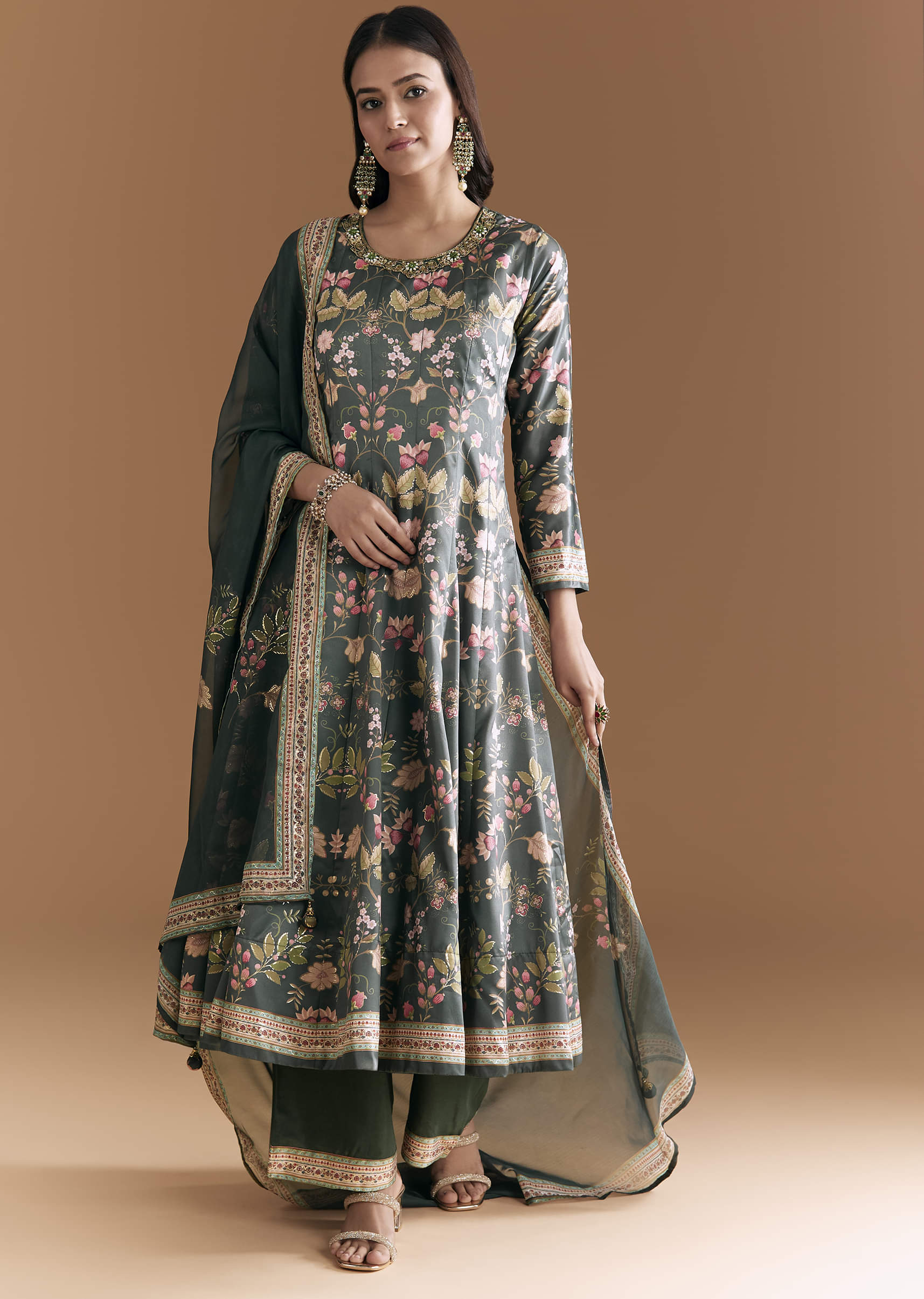 Dark Green Silk Anarkali Suit With Floral Print - Image 3