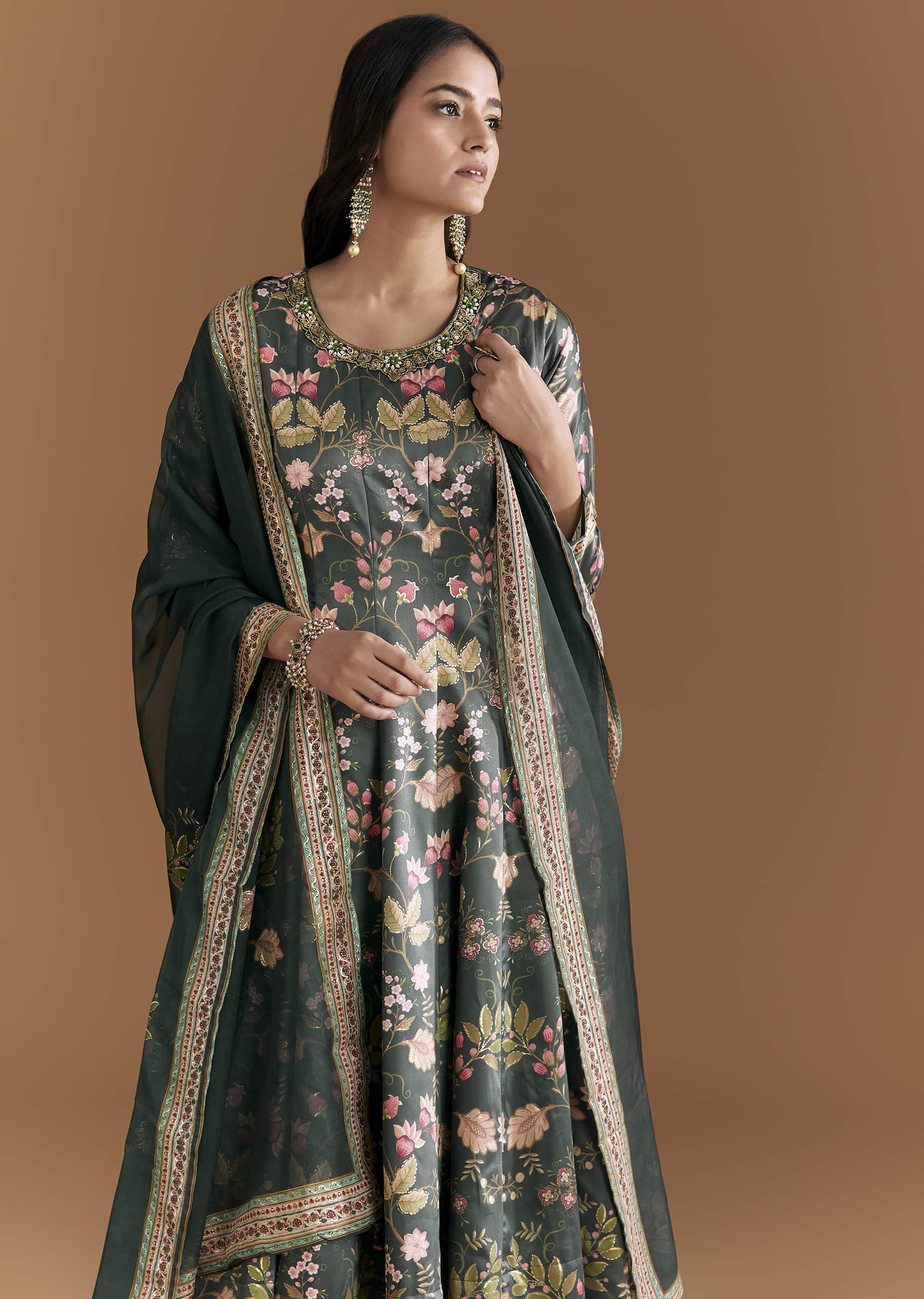 Dark Green Silk Anarkali Suit With Floral Print - Image 4