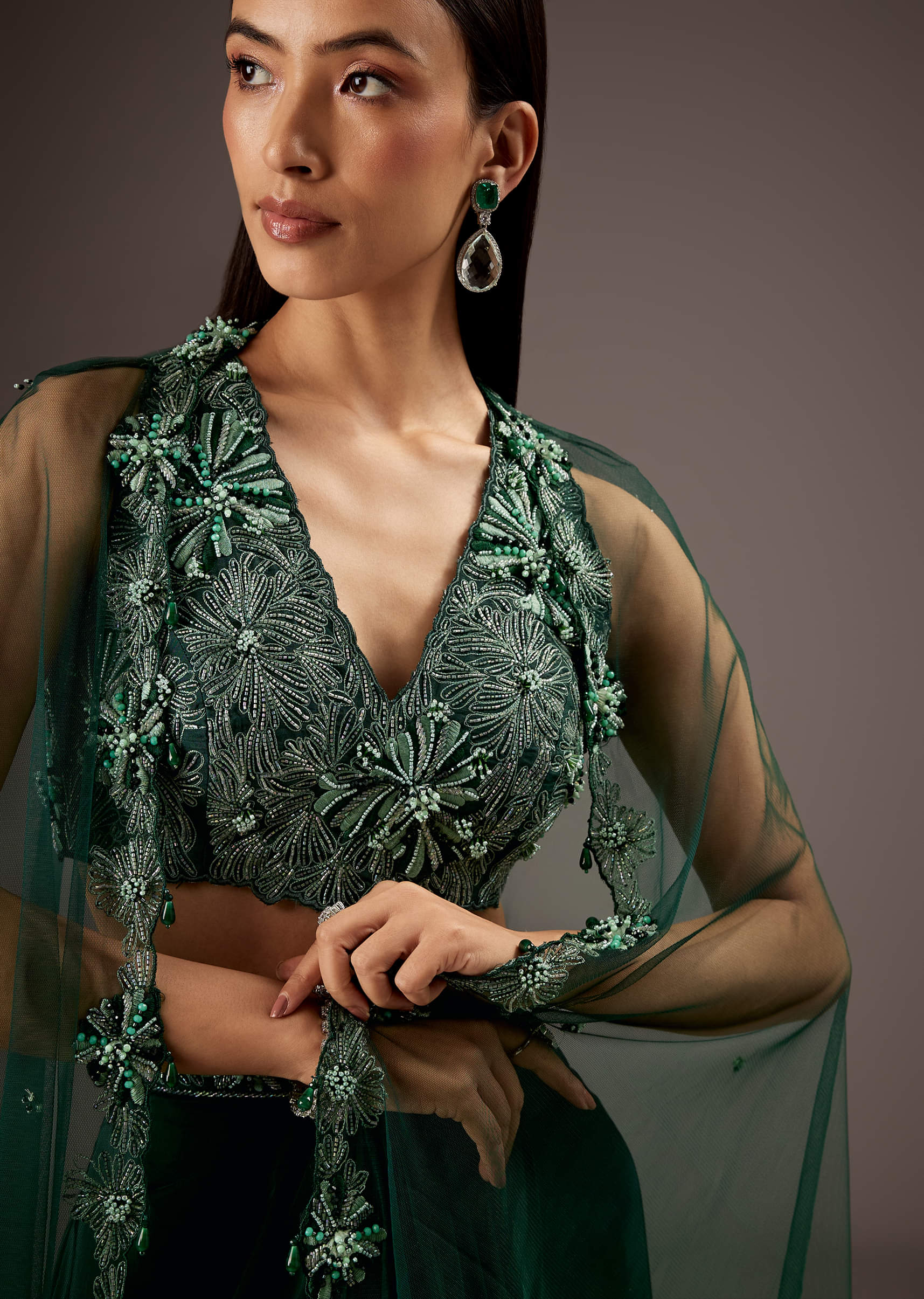 Dark Green Silk Crop Top Skirt With Heavy Embroidery - Image 3