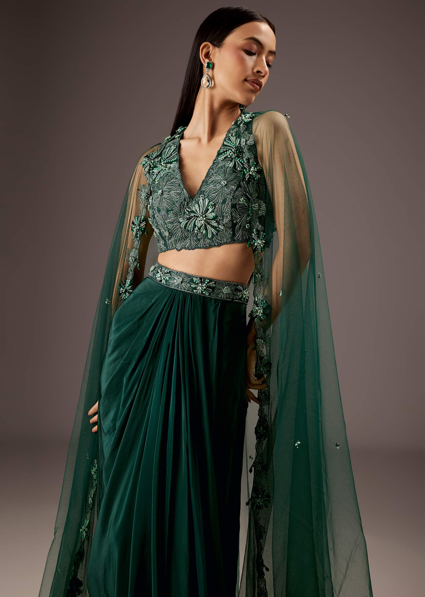 Dark Green Silk Crop Top Skirt With Heavy Embroidery - Image 5