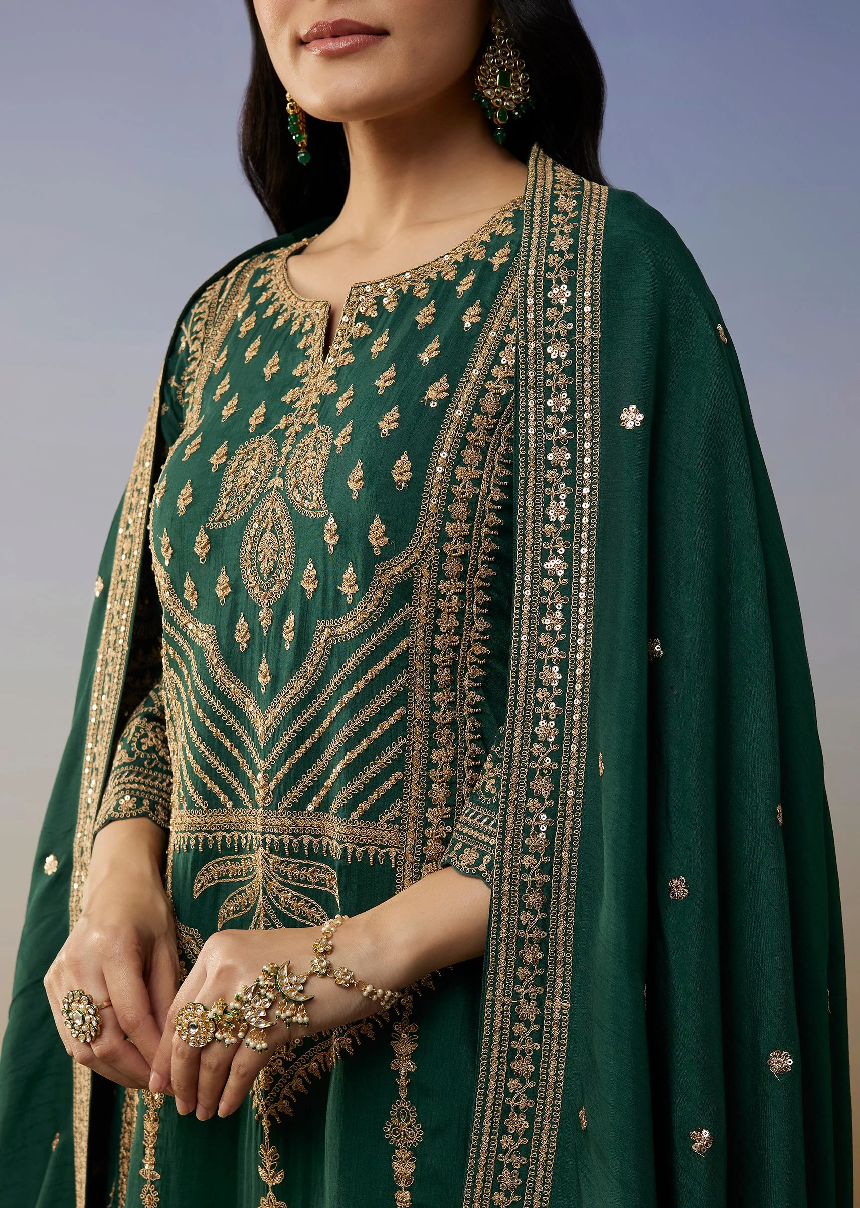 Dark Green Silk Palazzo Suits with Zari Thread Sequins Work - Image 2