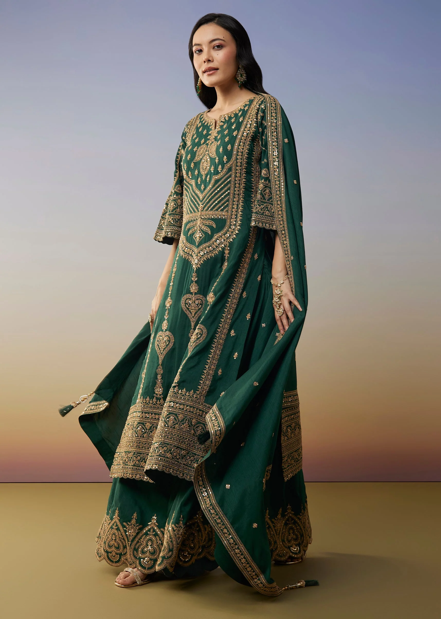 Dark Green Silk Palazzo Suits with Zari Thread Sequins Work - Image 3