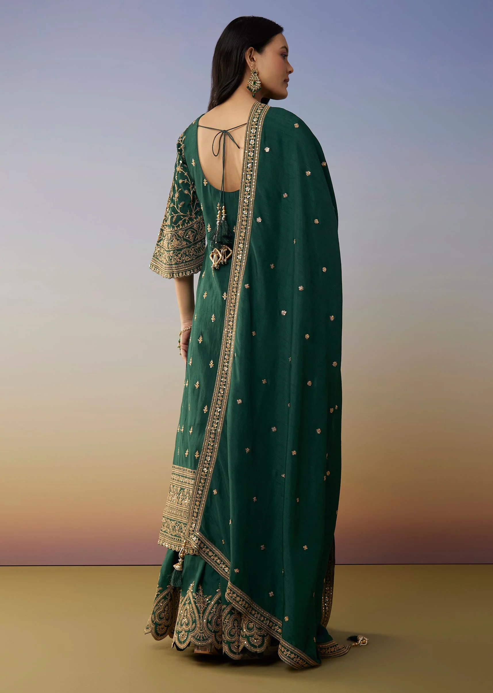 Dark Green Silk Palazzo Suits with Zari Thread Sequins Work - Image 5