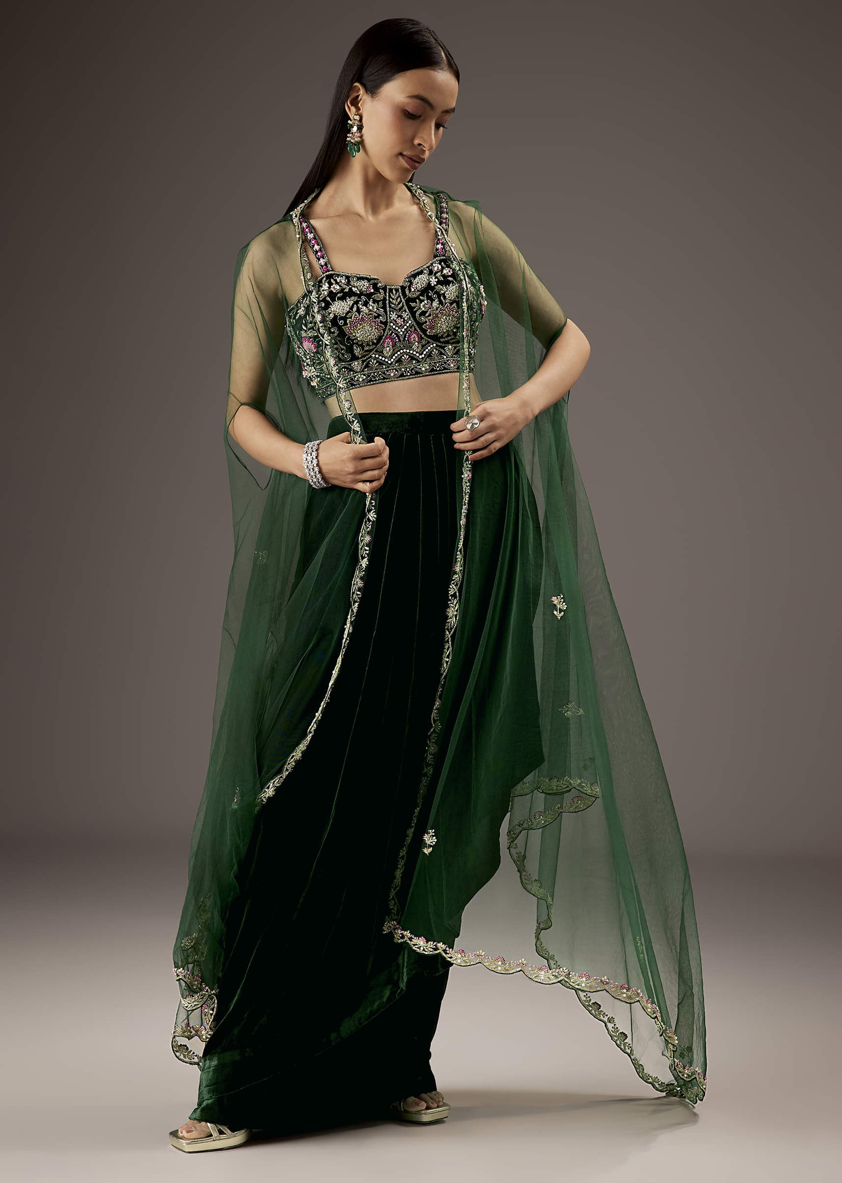 Dark Green Velvet Crop Top Skirt With Heavy Embroidery - Image 4