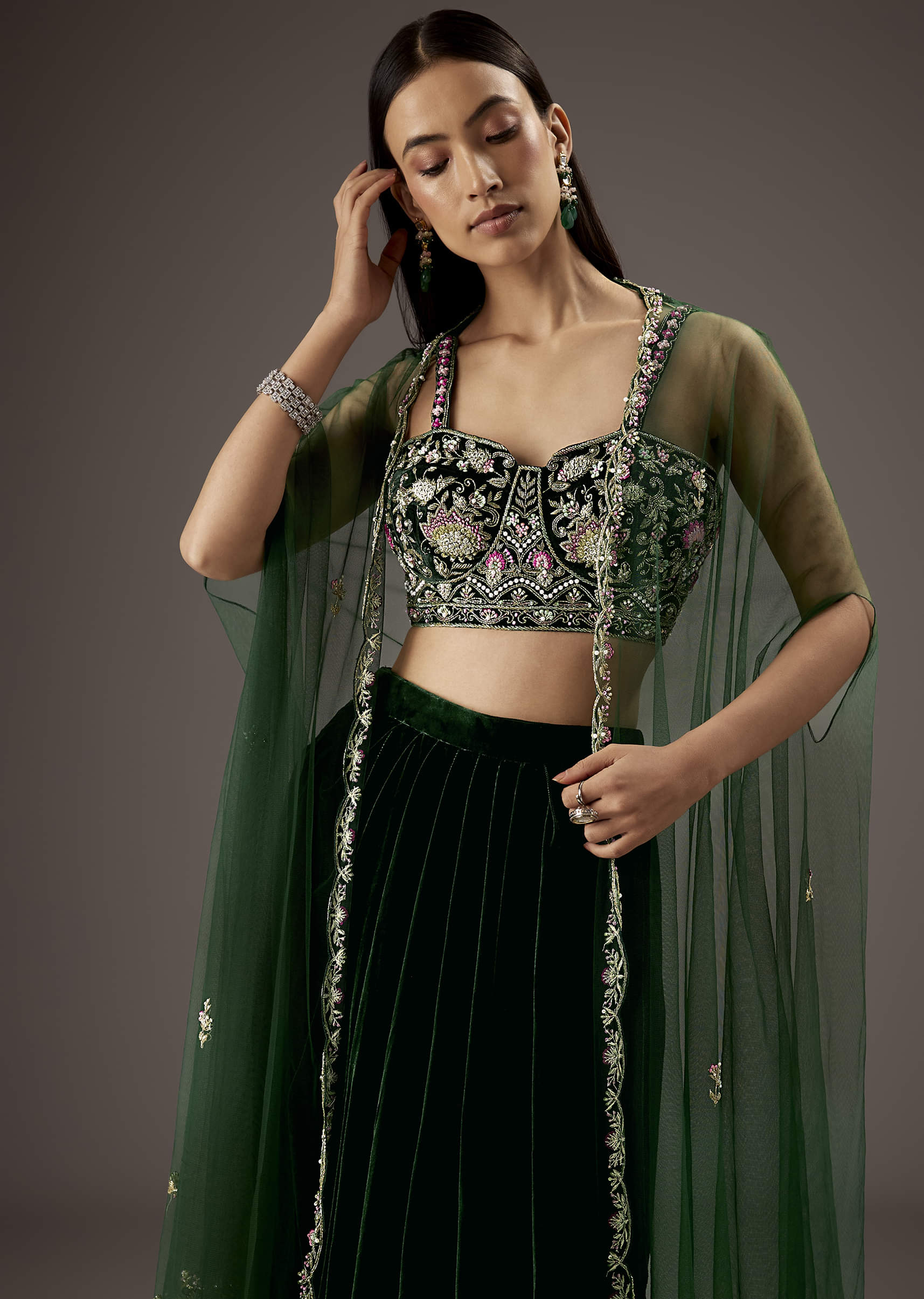 Dark Green Velvet Crop Top Skirt With Heavy Embroidery - Image 5