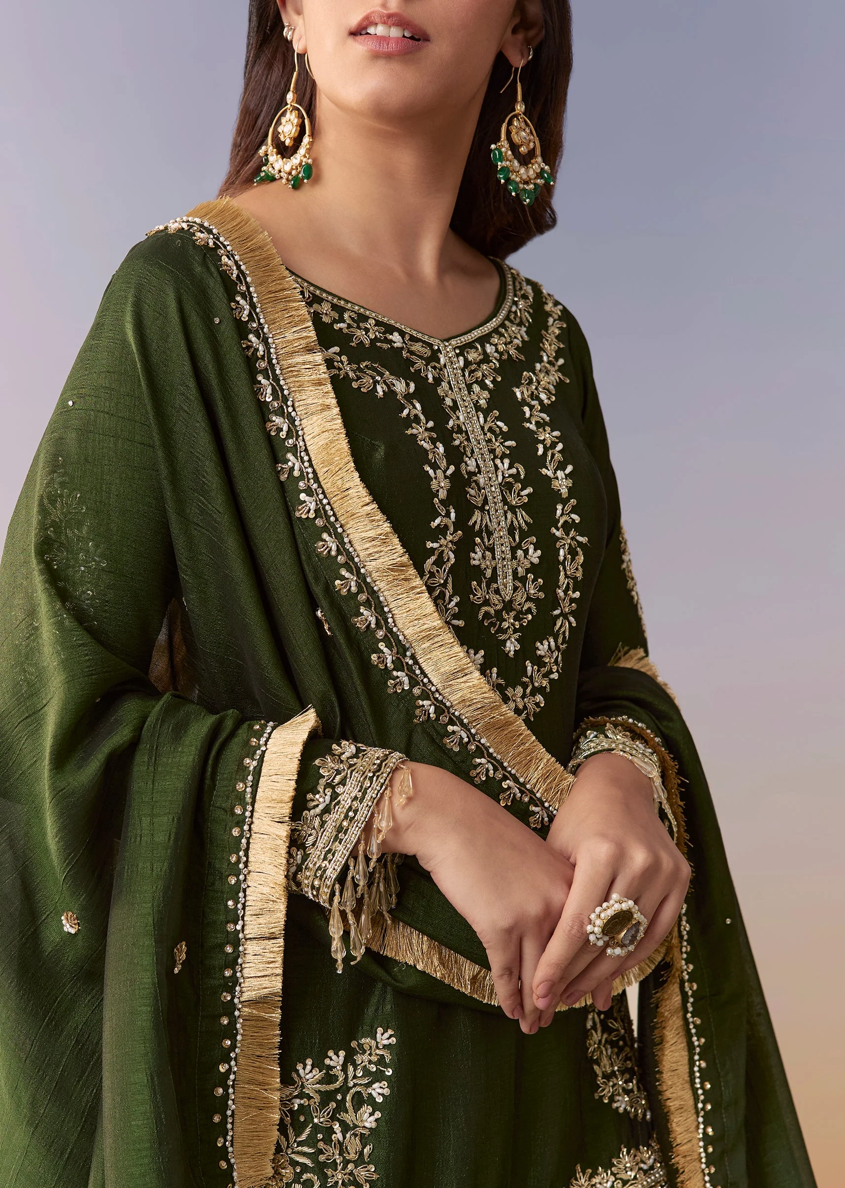 Dark Green Zardosi Sharara Suit Set With Dupatta - Image 2
