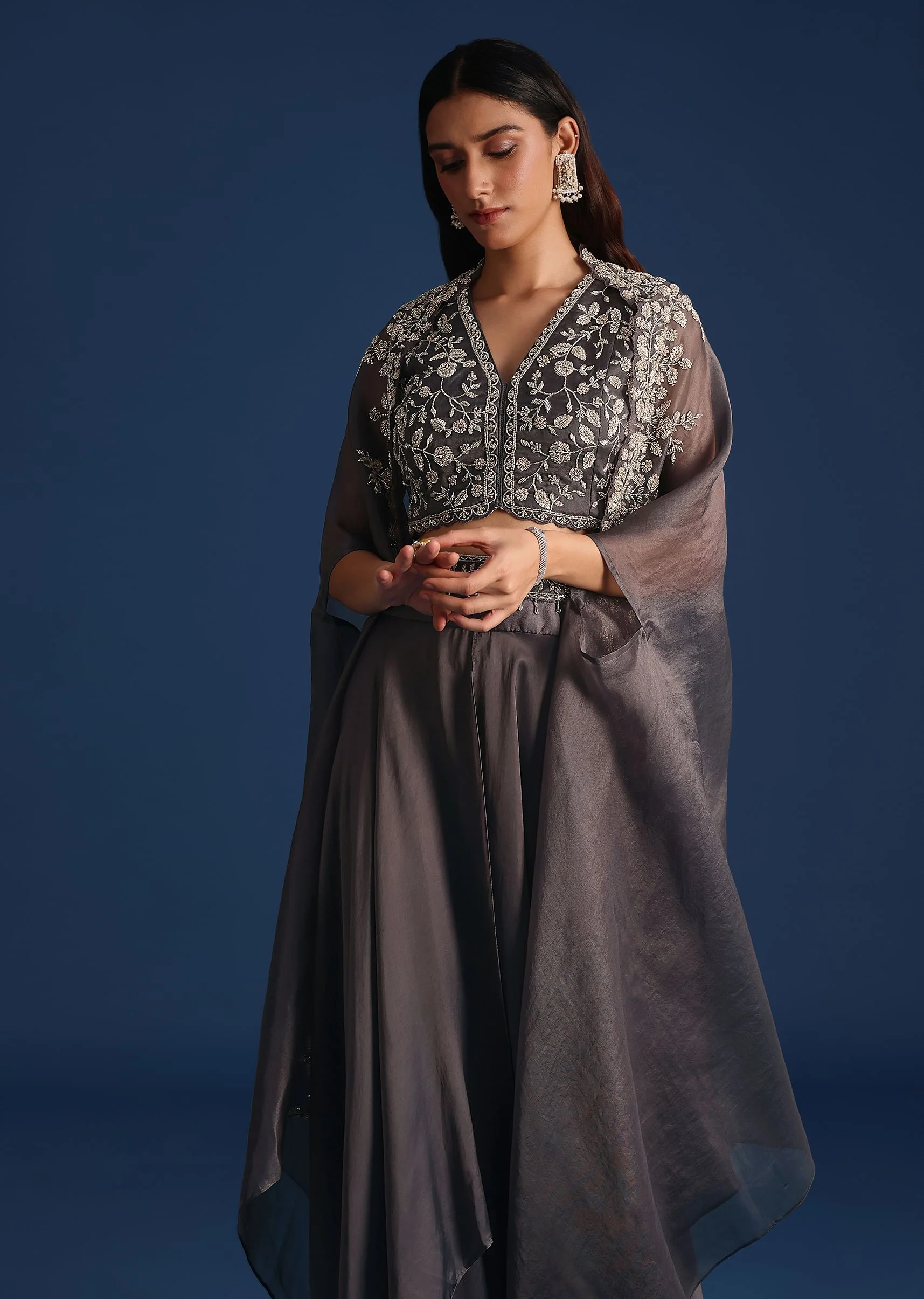 Dark Grey Asymmetric Organza Jacket With Crop Top And Draped Skirt - Image 2