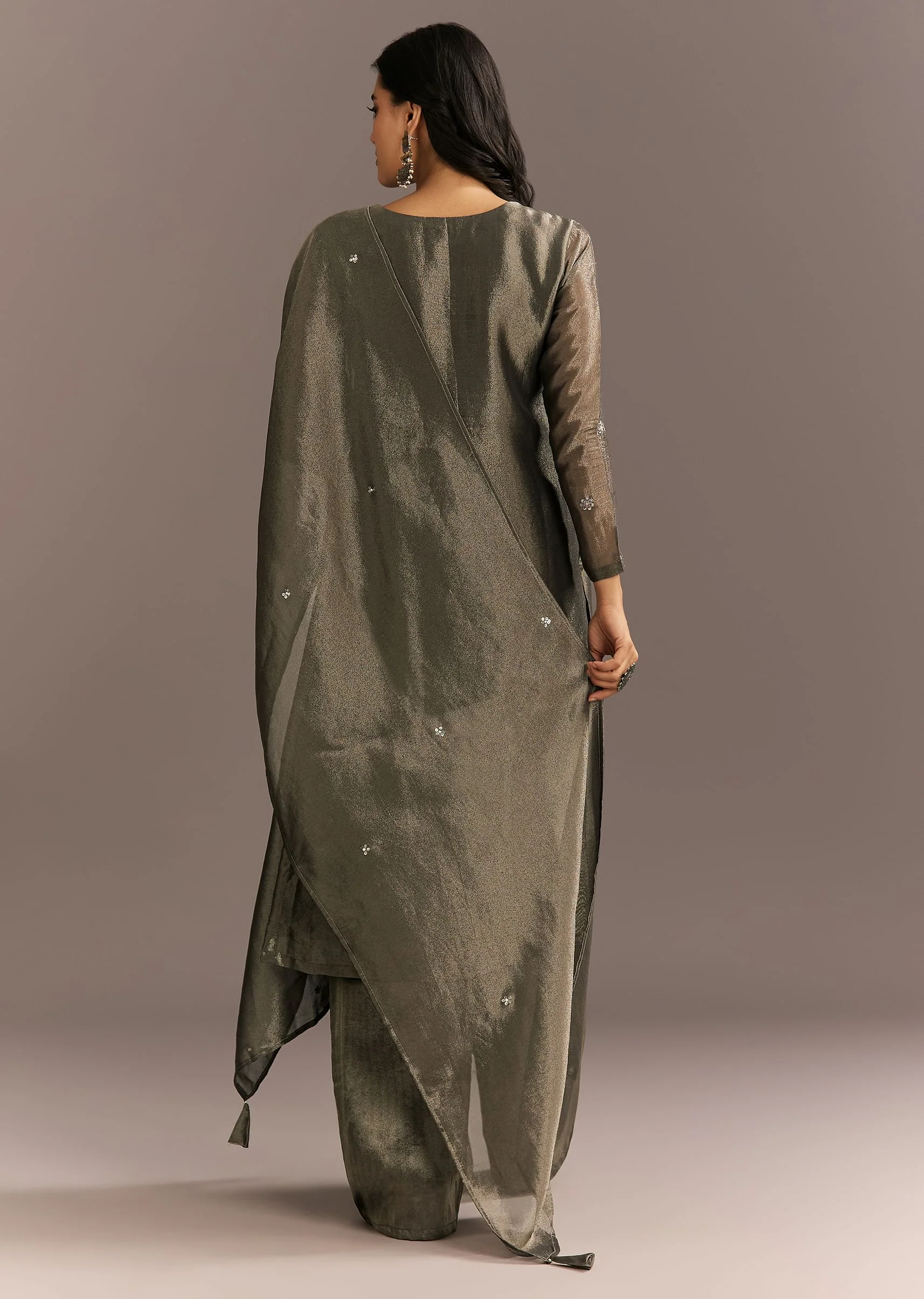 Dark Grey Tissue Kurta Pant Set With Butti Dupatta - Image 5