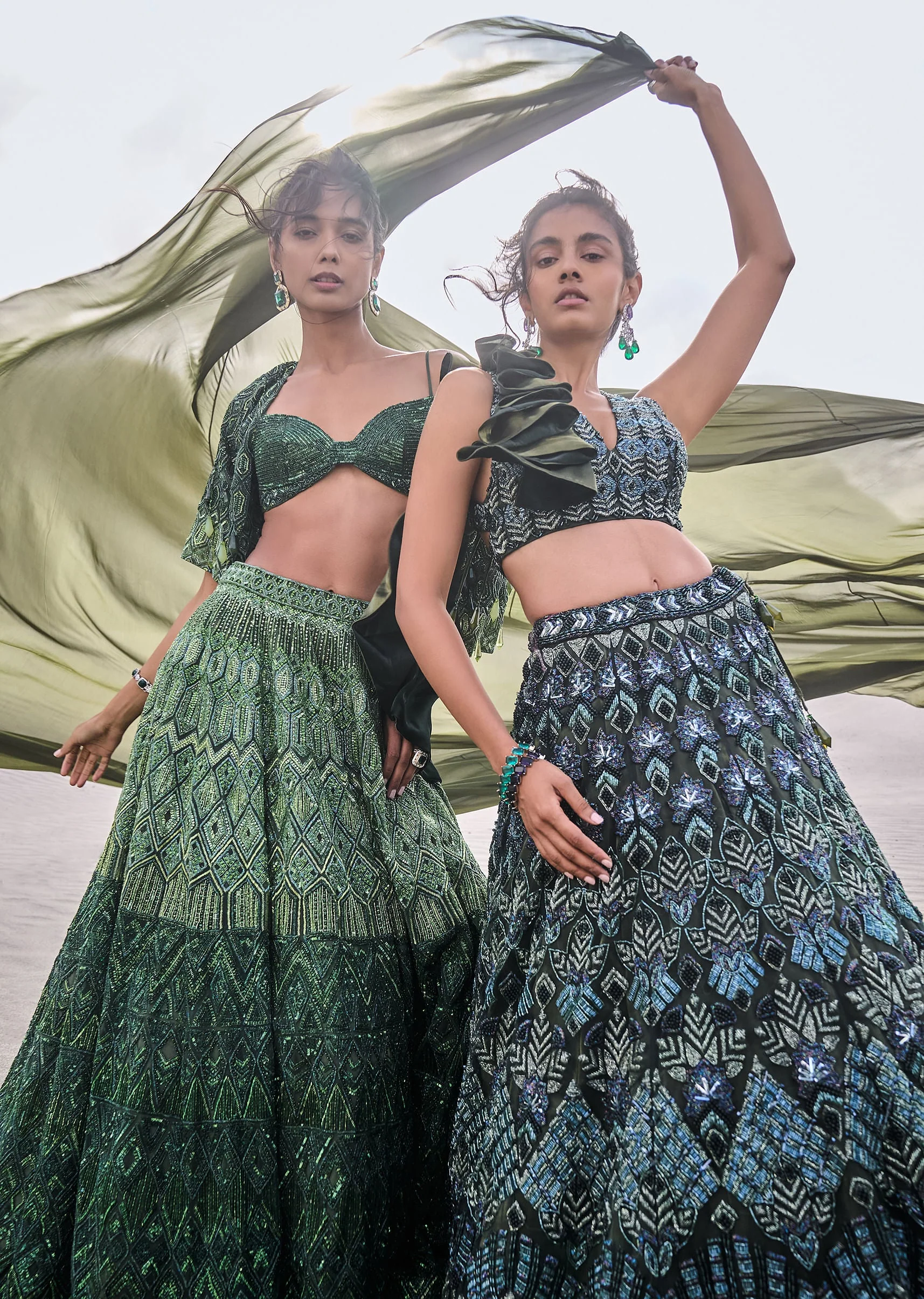 Dark Olive Green 3D Embroidered Lehenga Set With One Side Ruffle Trail - Image 3