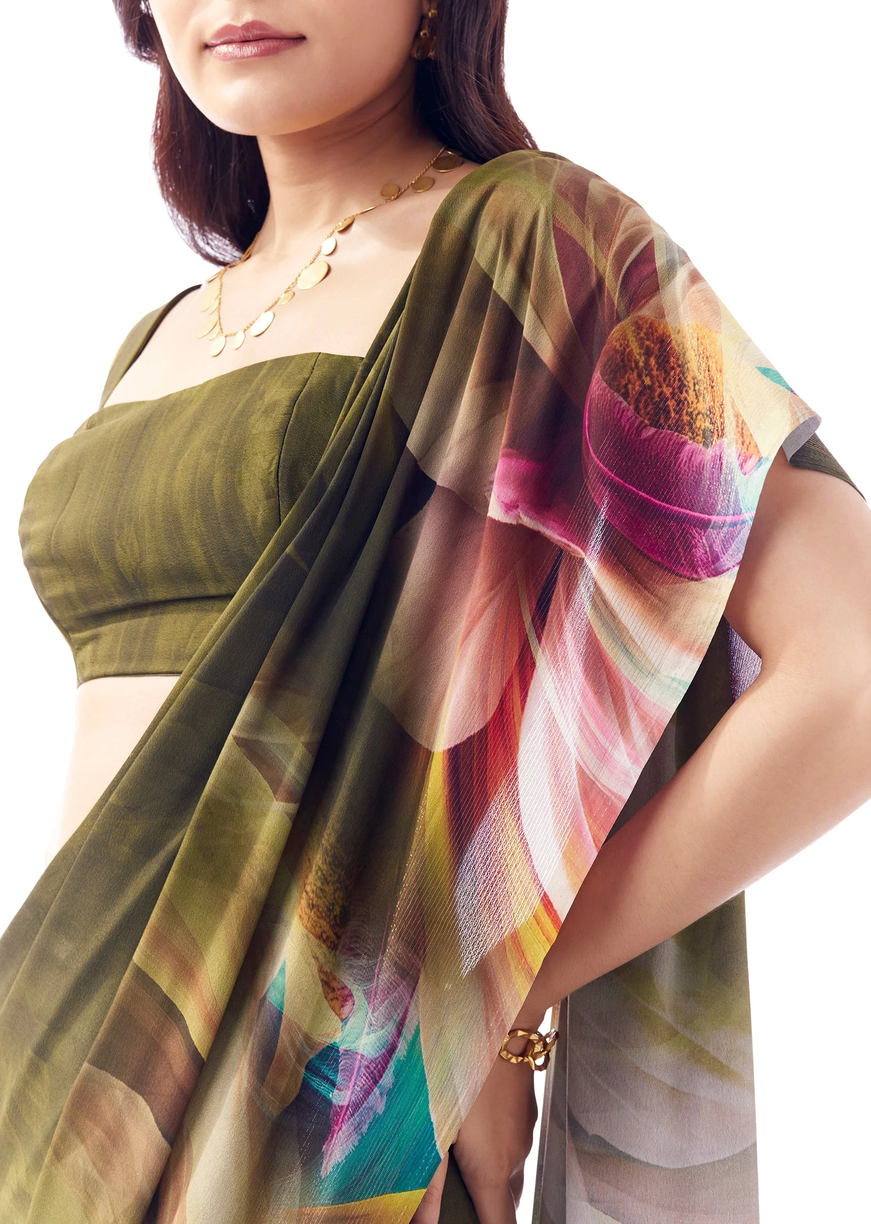 Dark Olive Green Georgette Saree With Multicolour Floral Print - Image 2