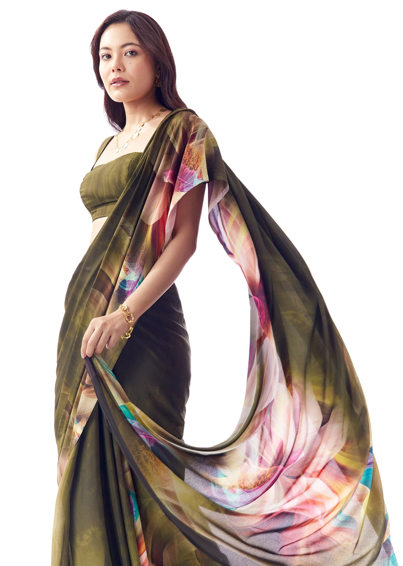 Dark Olive Green Georgette Saree With Multicolour Floral Print - Image 5