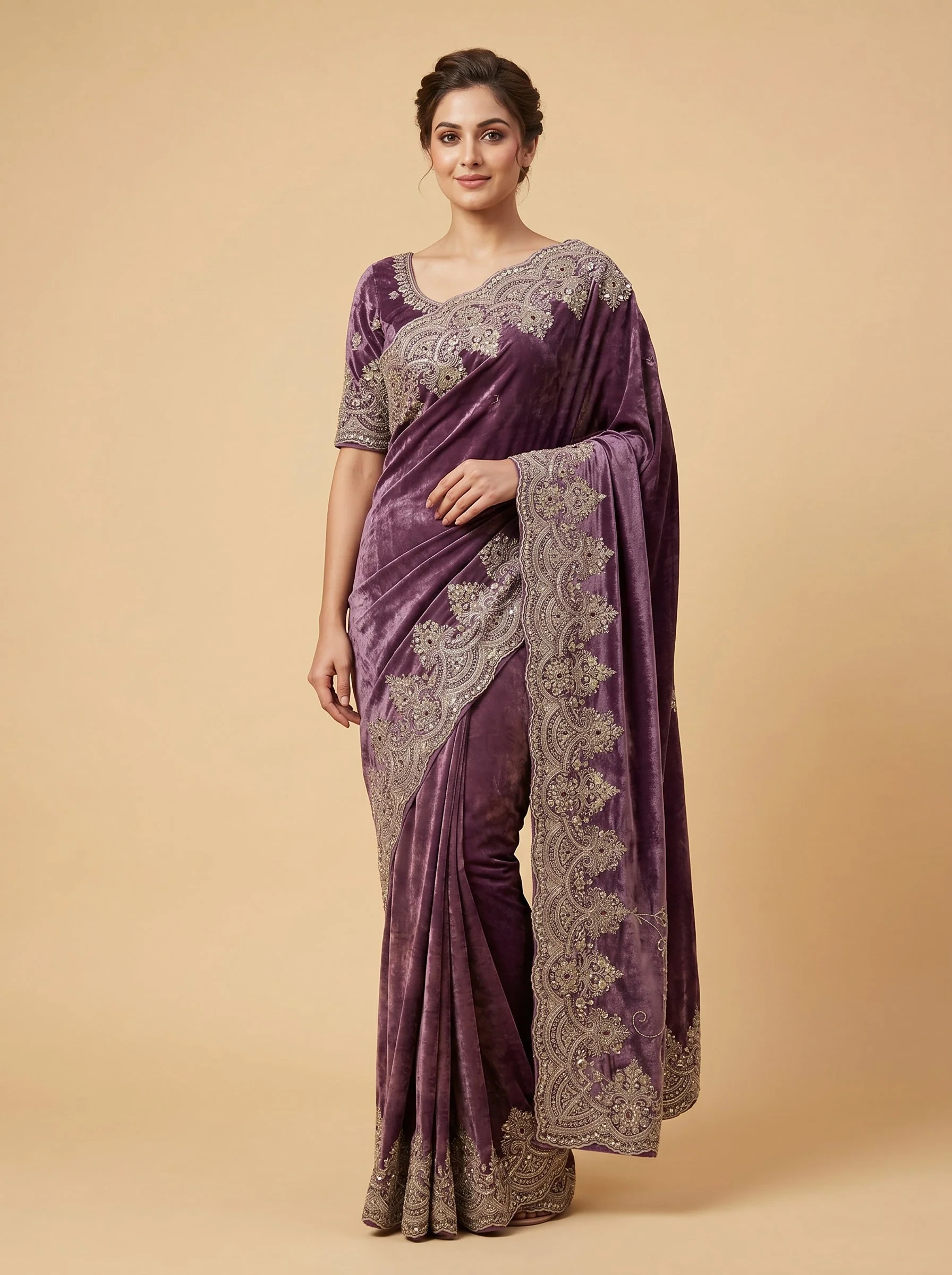 Dark Onion Glow Embroidered Saree