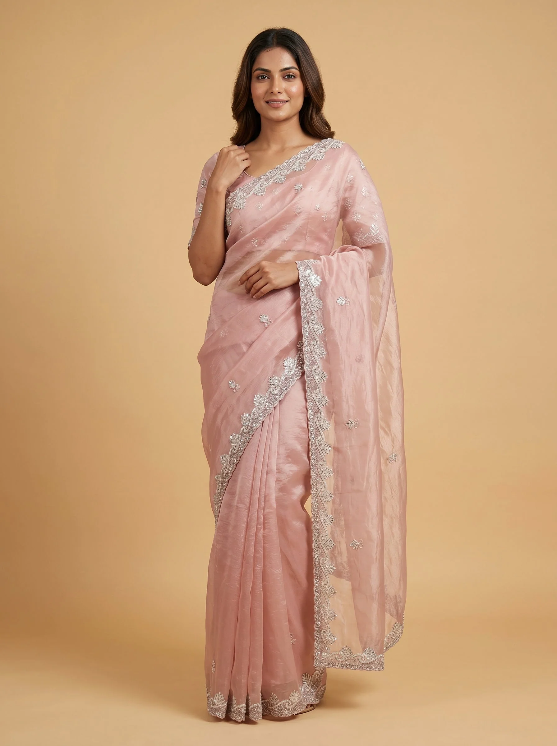 Dark Peach Refined Glow Embroidered Saree