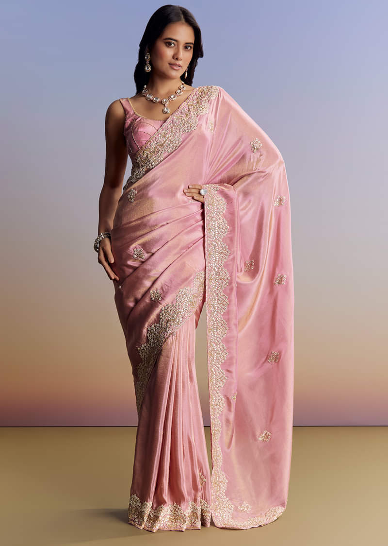 Dark Peach Tissue Saree With Gota Patti Embroidery - Image 3