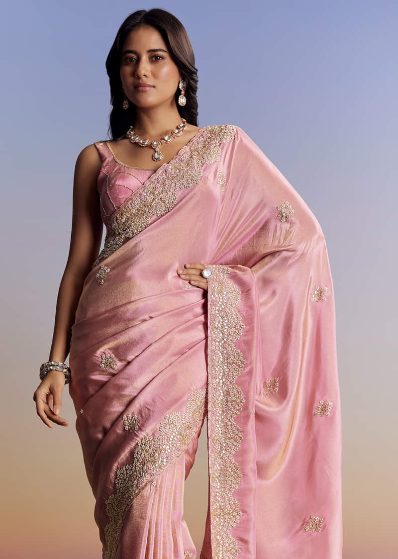 Dark Peach Tissue Saree With Gota Patti Embroidery - Image 5