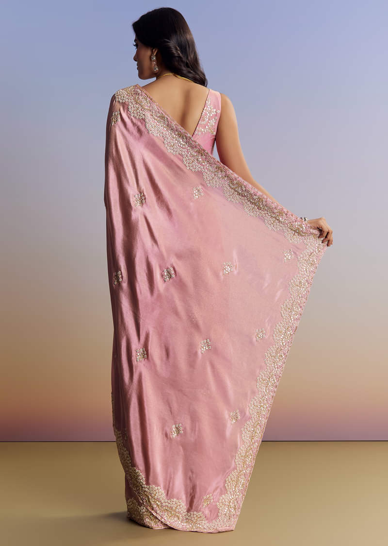 Dark Peach Tissue Saree With Gota Patti Embroidery - Image 6