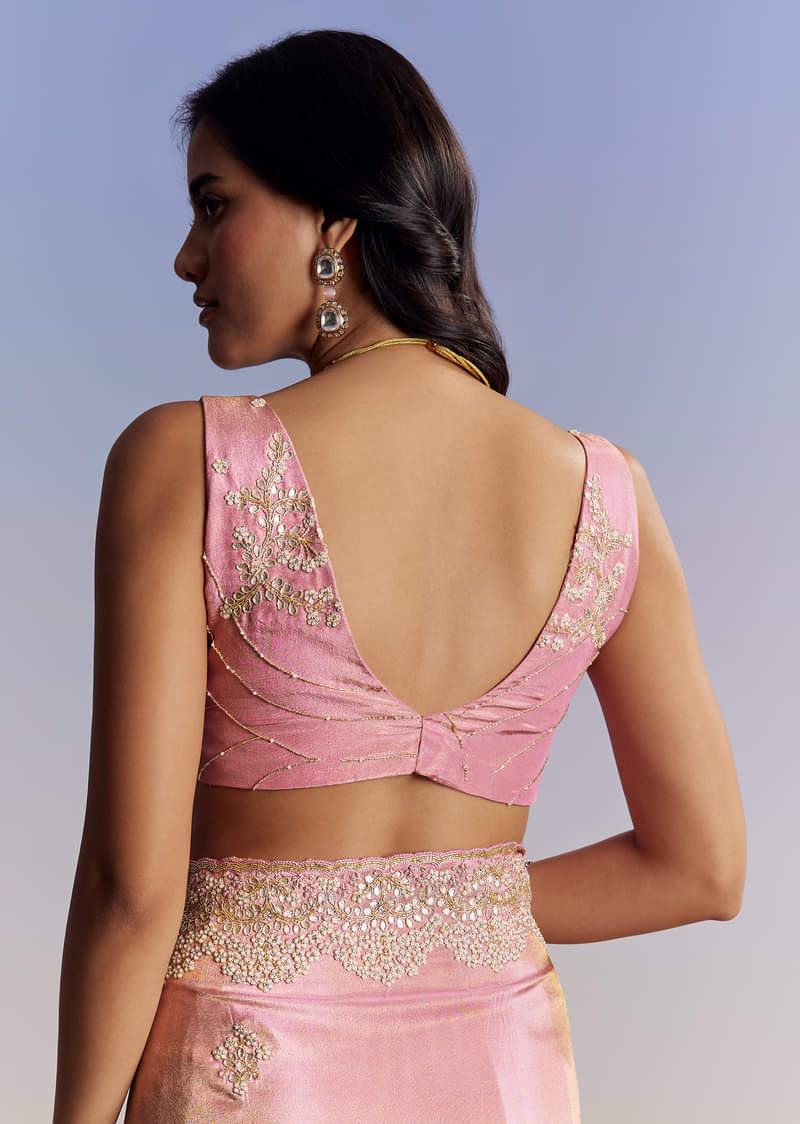 Dark Peach Tissue Saree With Gota Patti Embroidery - Image 8