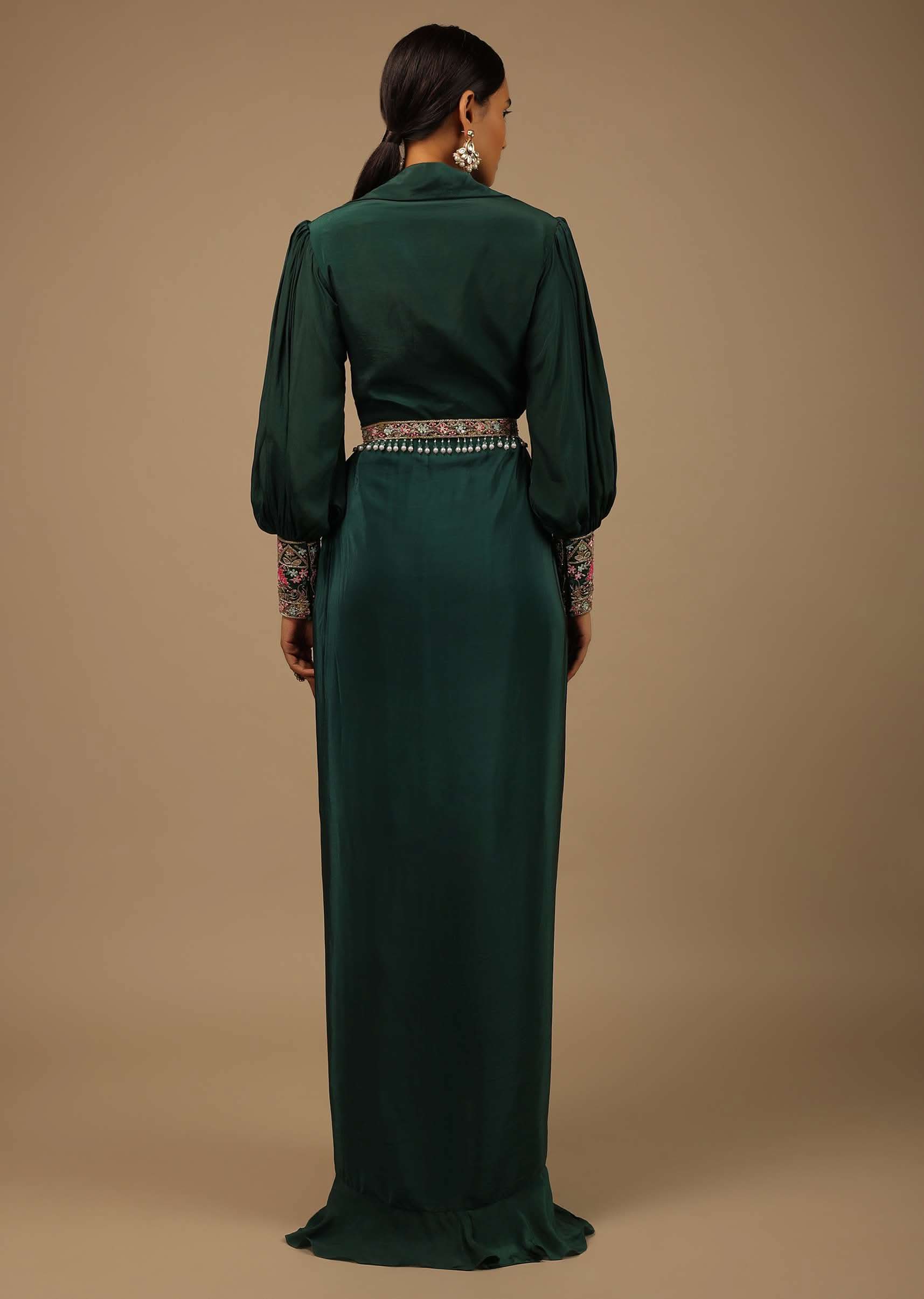 Dark Pine Green High Low Gown With Collar Neckline, Bishop Sleeves And Multicolor Handwork On The Cuffs - Image 2