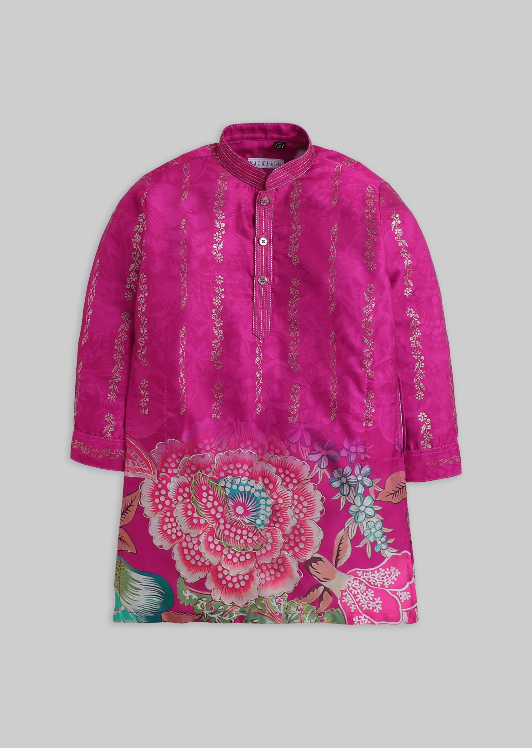 Dark Pink Floral Foil Kurta Set For Boys - Image 2