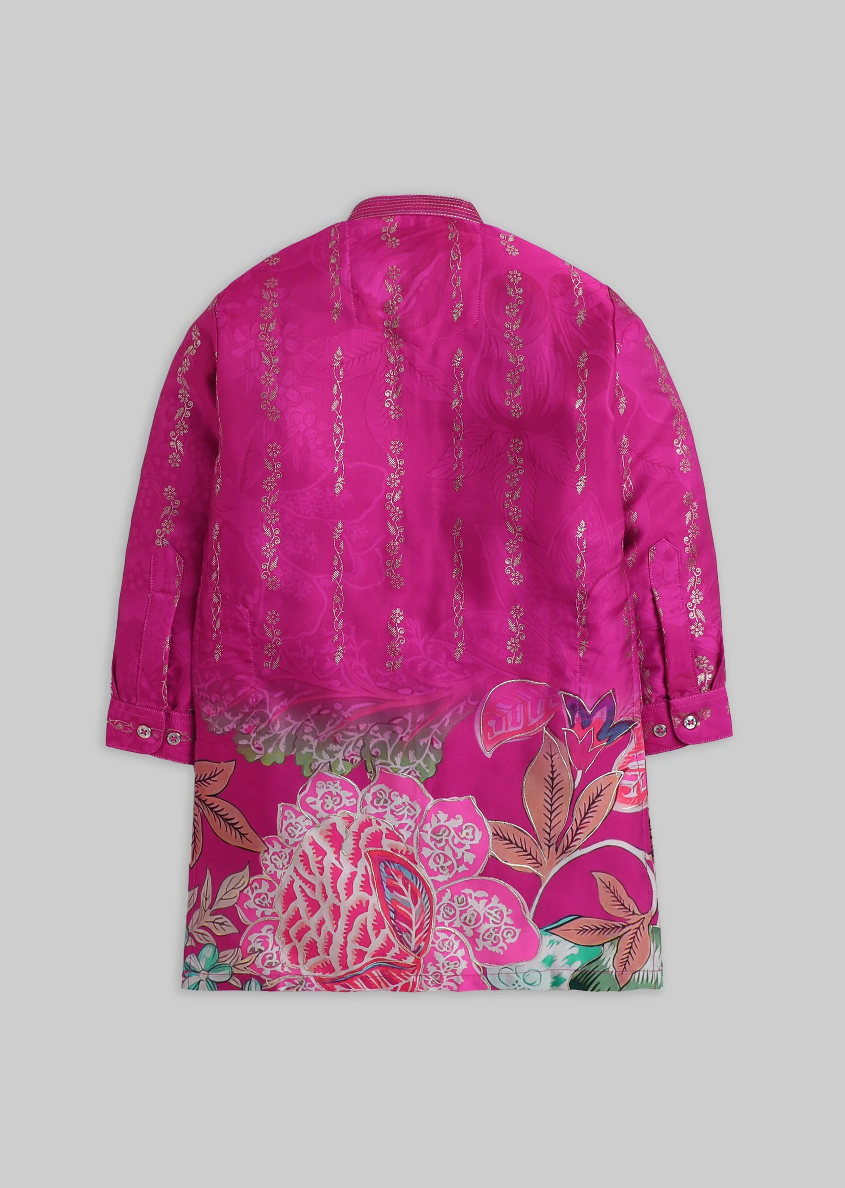 Dark Pink Floral Foil Kurta Set For Boys - Image 3