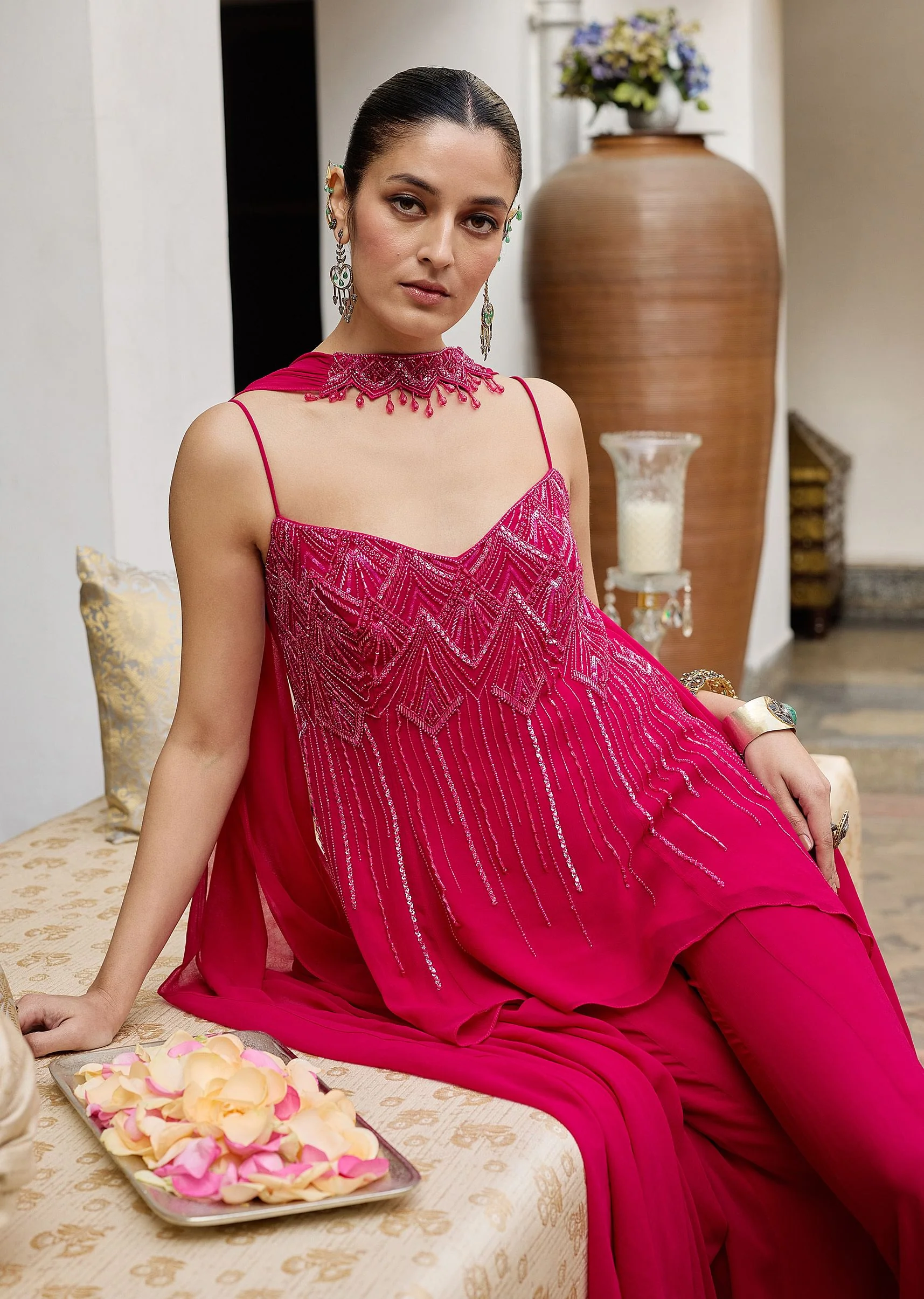 Dark Pink Georgette Sharara Set With Embroidered Kurta And Choker Dupatta - Image 2