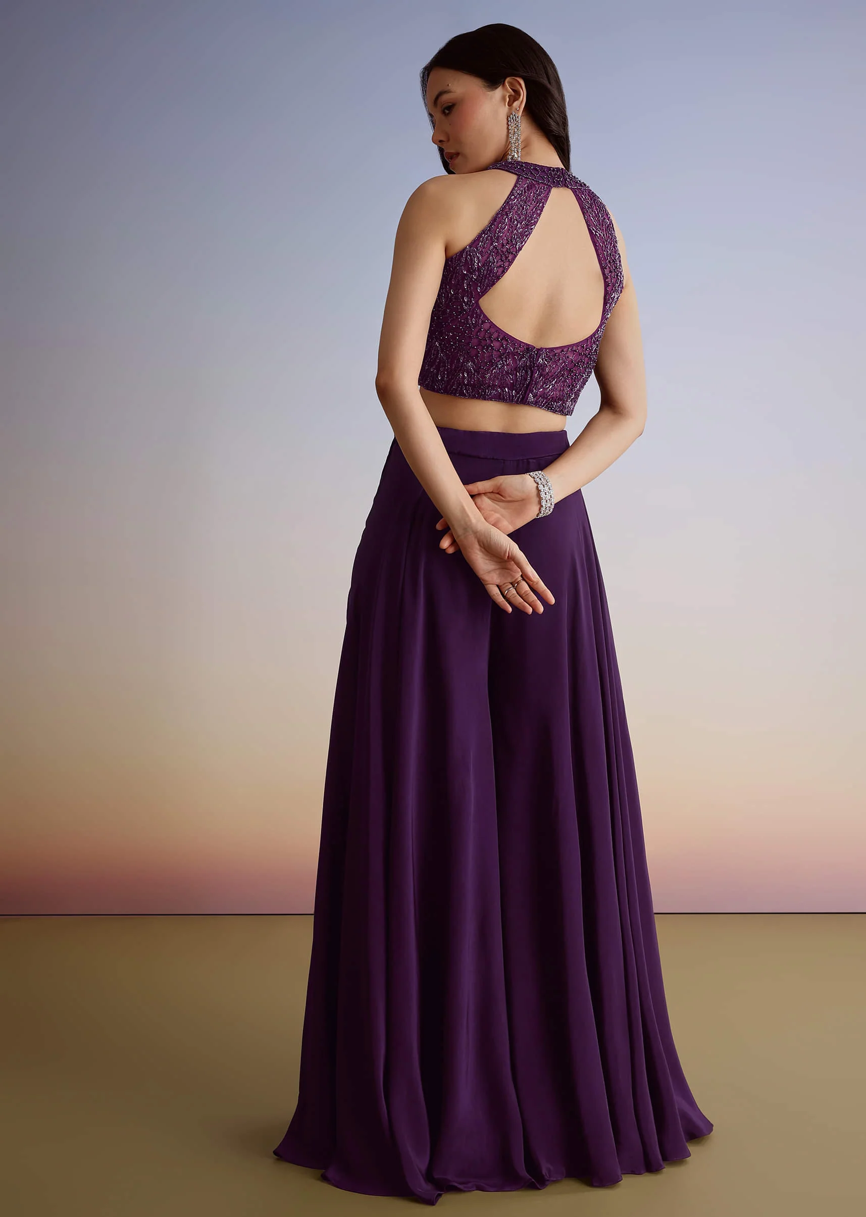 Dark Plum Purple Crepe Croptop Palazzo Suit With Cutdana Sequin Embroidery - Image 5