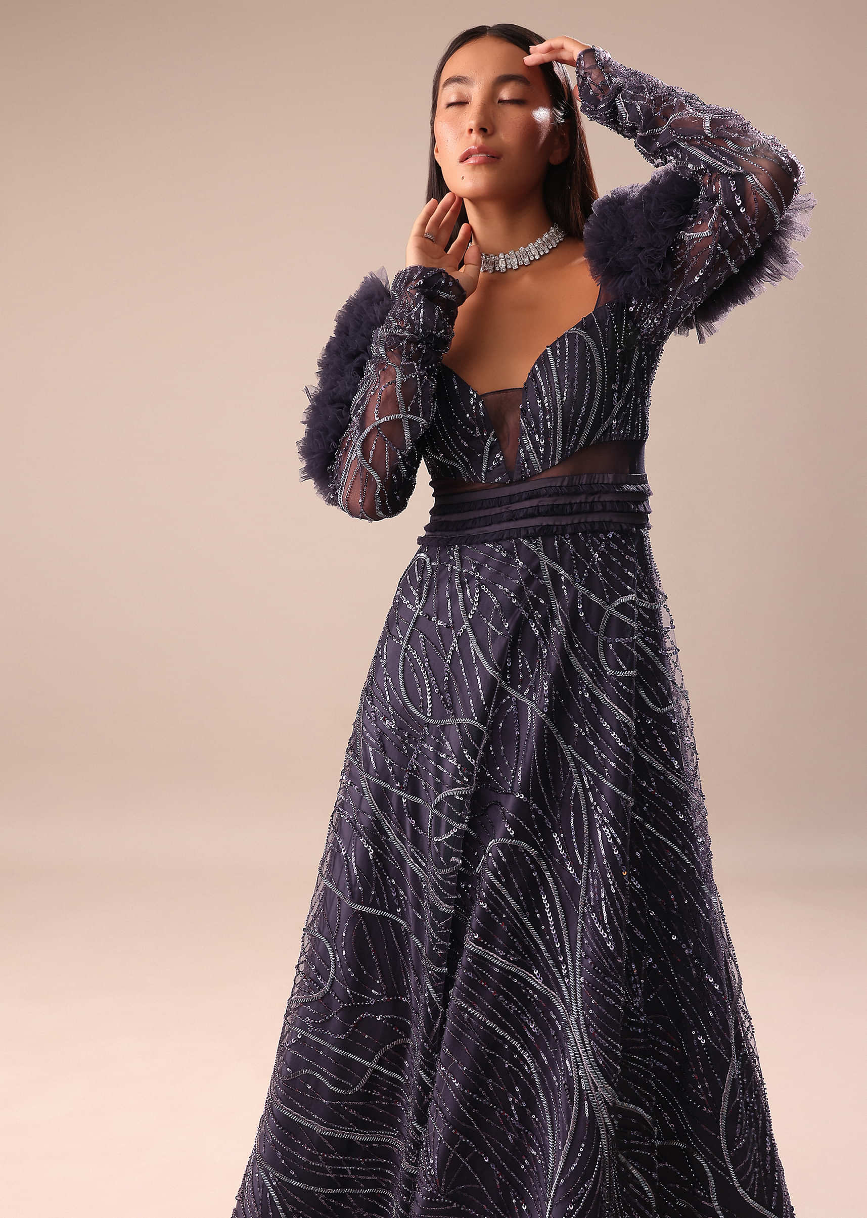 Dark Purple Fancy Embroidered Gown - Image 3