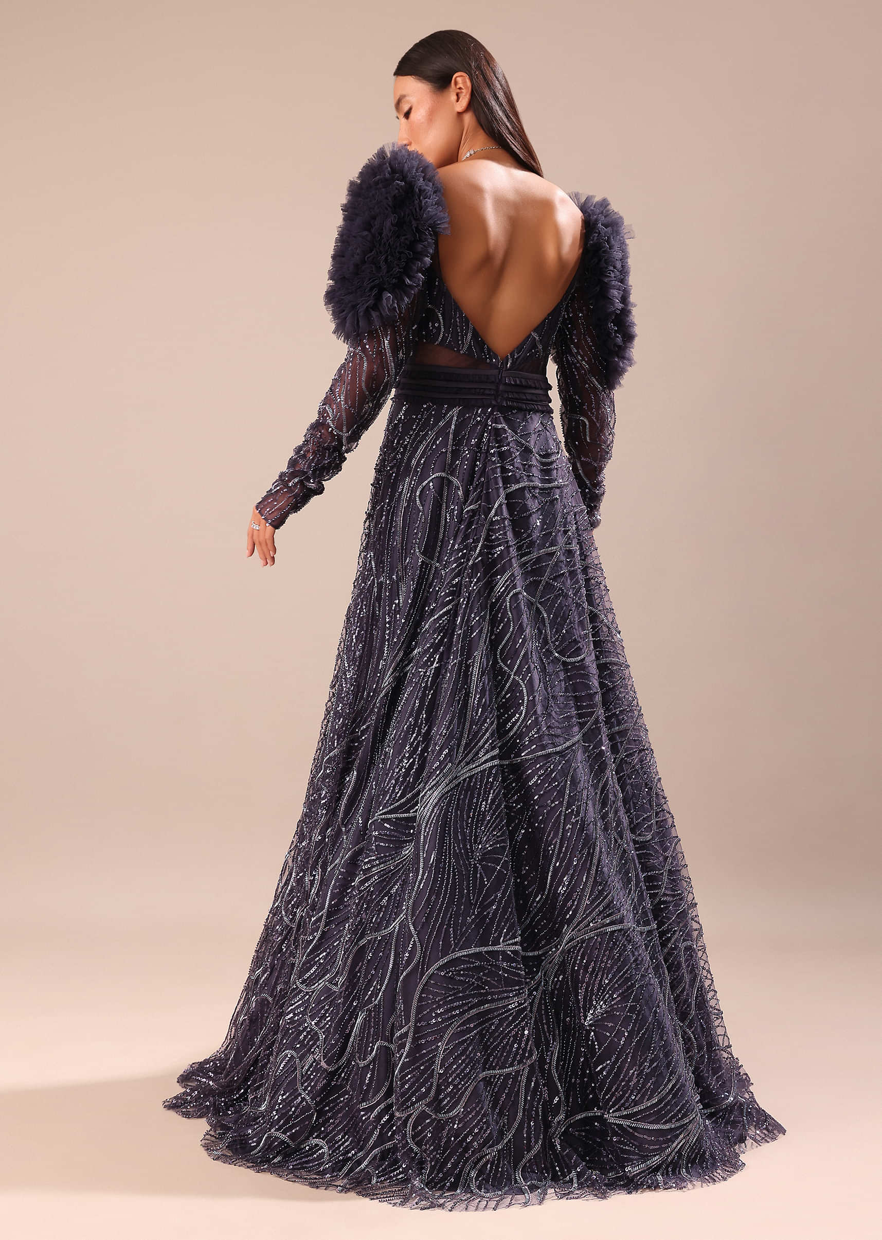 Dark Purple Fancy Embroidered Gown - Image 4
