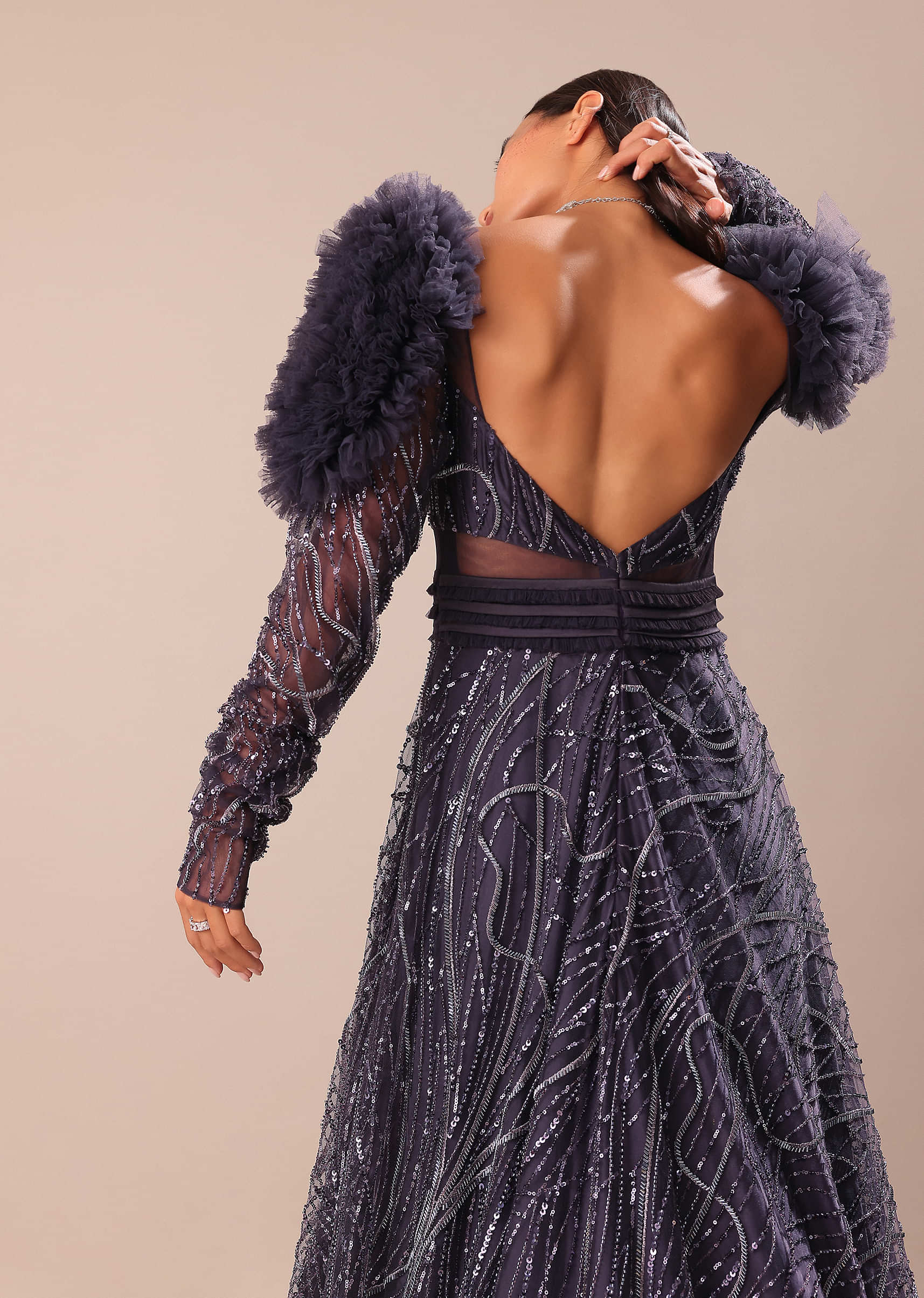 Dark Purple Fancy Embroidered Gown - Image 5