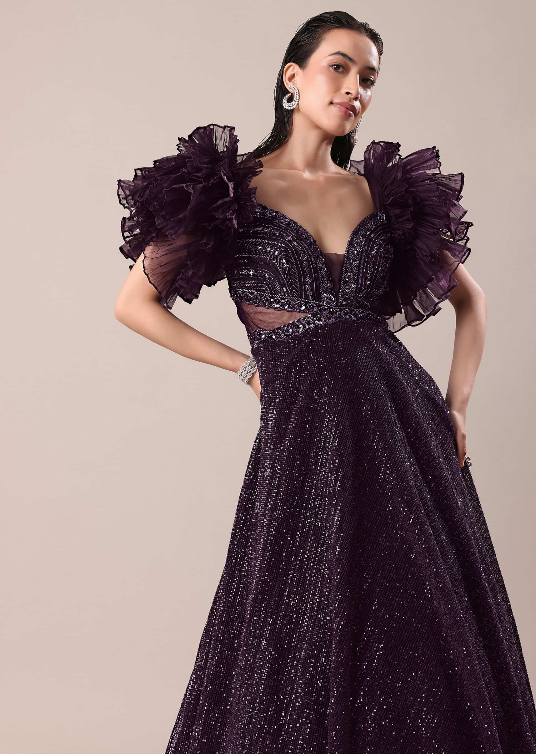 Dark Purple Hand Embroidered Ruffle Sleeve Gown - Image 2