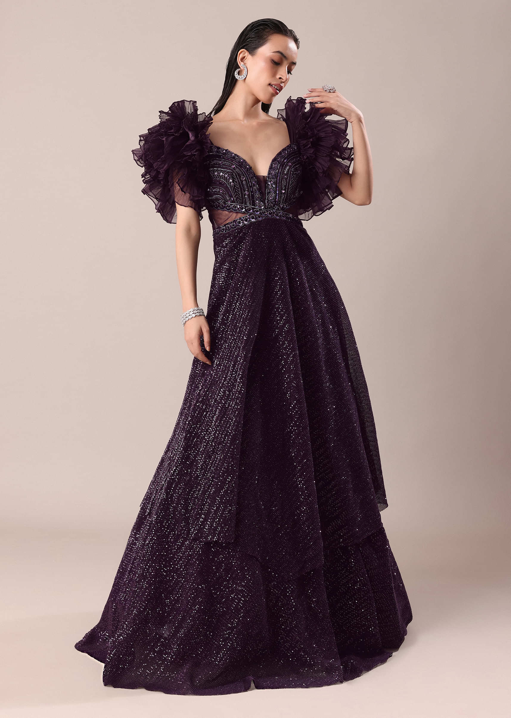 Dark Purple Hand Embroidered Ruffle Sleeve Gown - Image 3