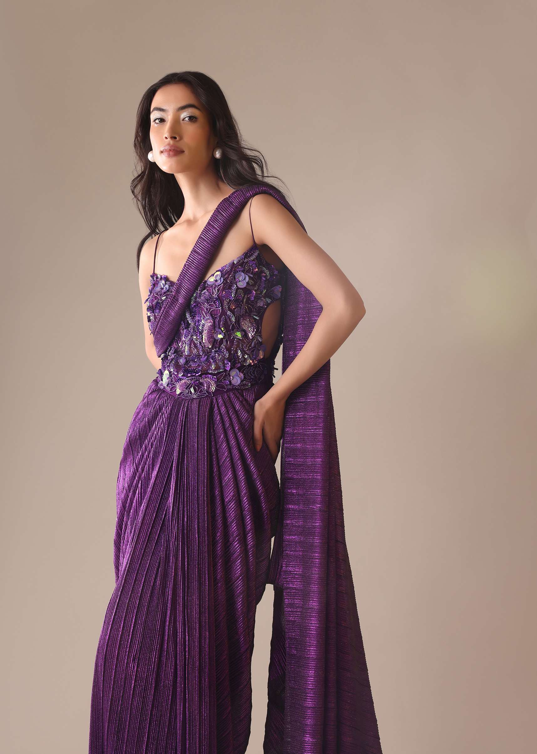 Dark Purple Heavy Embroidered Saree In Crushed Shimmer - Image 4