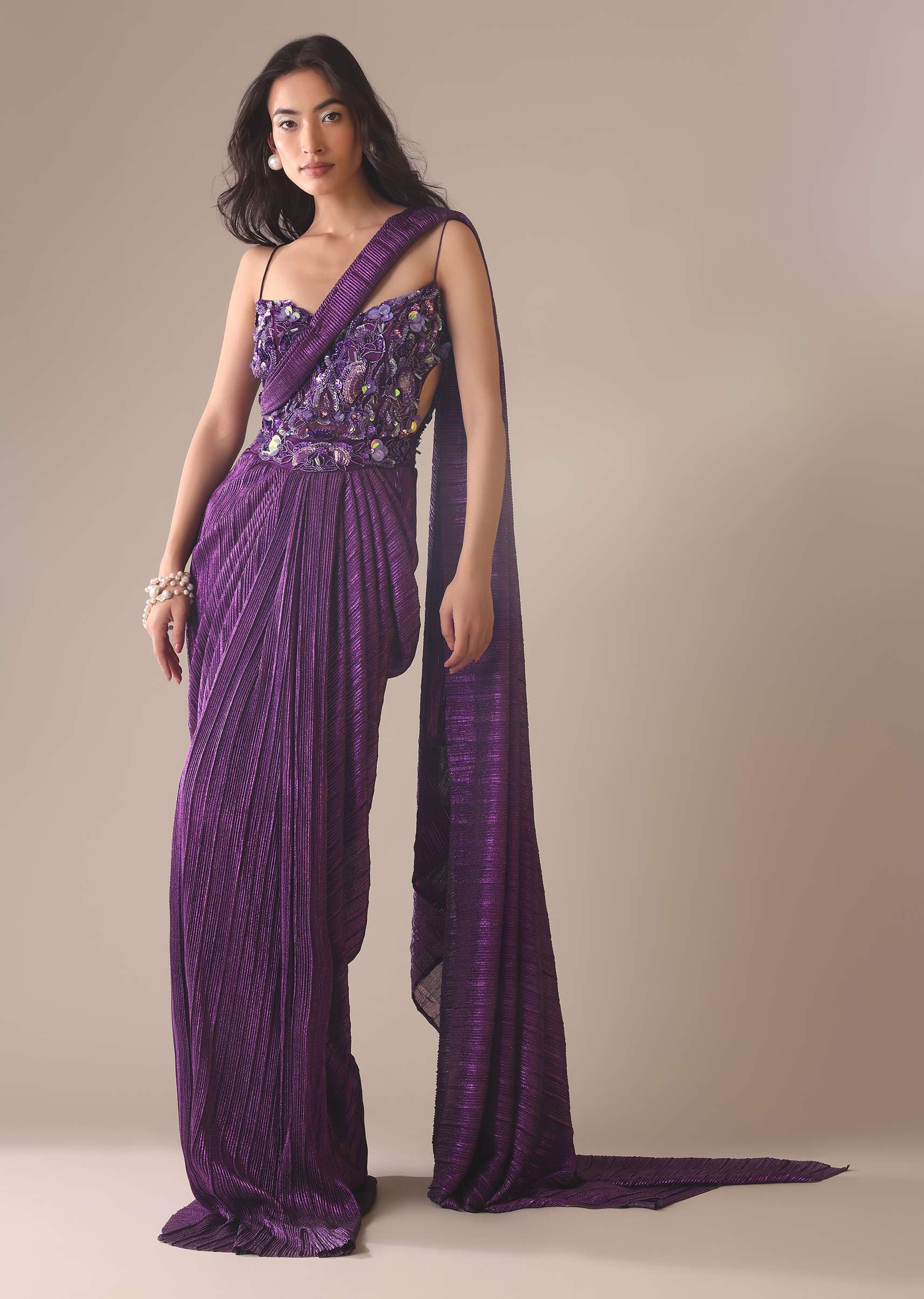 Dark Purple Heavy Embroidered Saree In Crushed Shimmer - Image 5