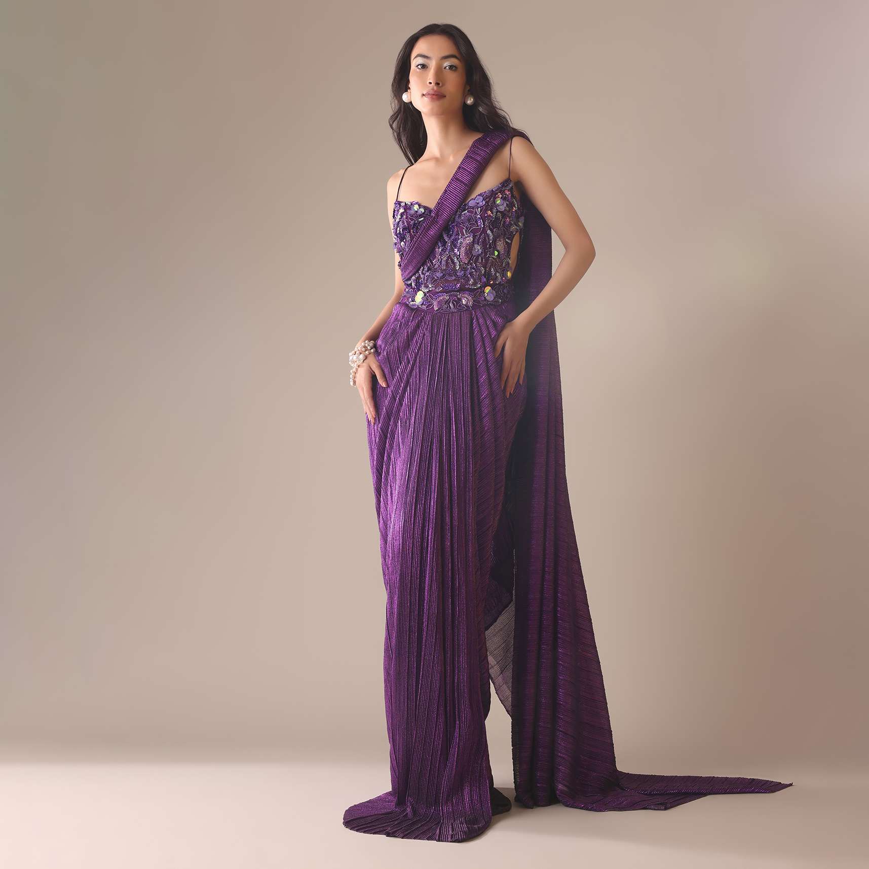 Dark Purple Heavy Embroidered Saree In Crushed Shimmer - Image 6