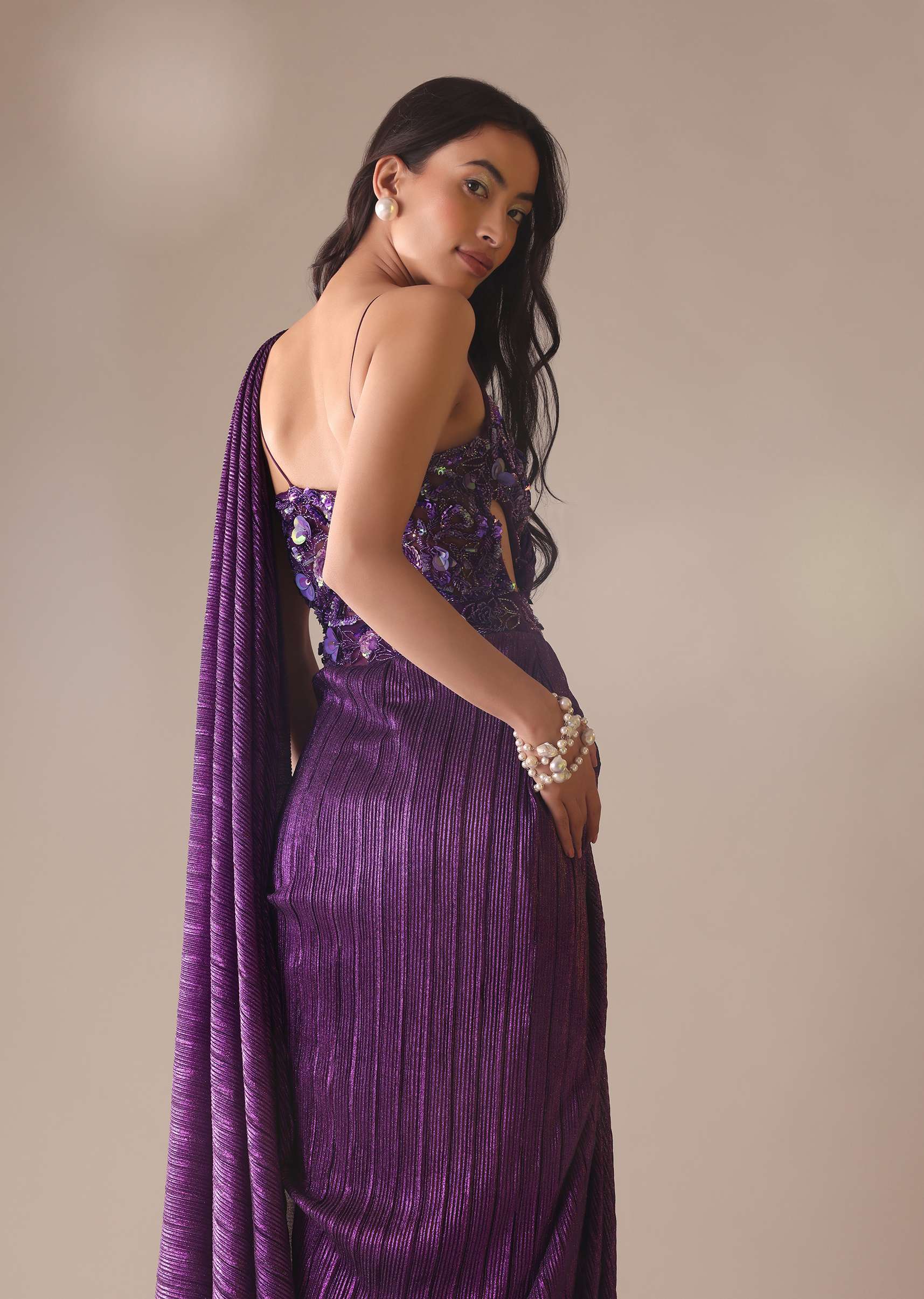 Dark Purple Heavy Embroidered Saree In Crushed Shimmer - Image 8