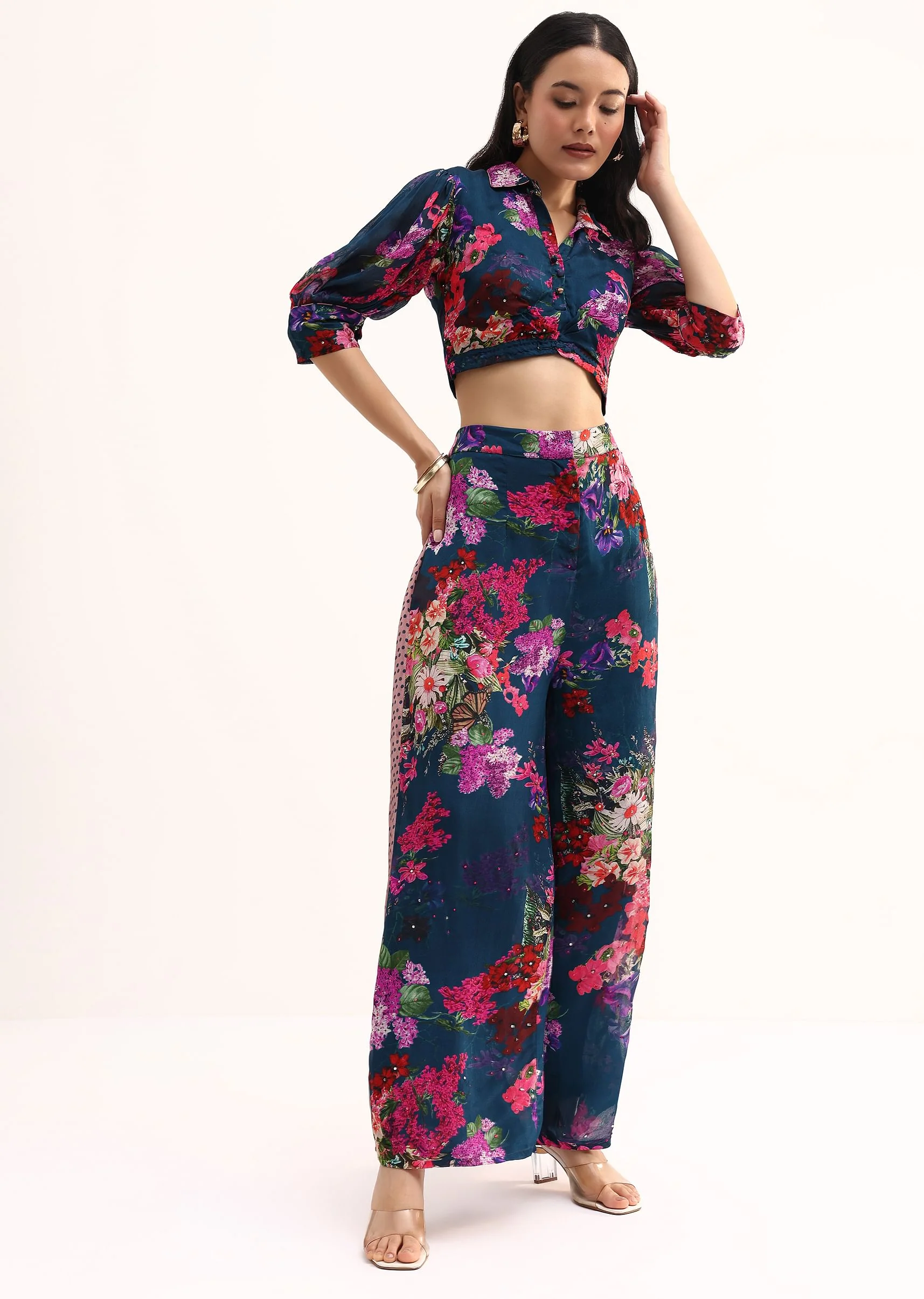 Dark Teal Blue Floral Printed Chinon Crop Top And Palazzo - Image 3