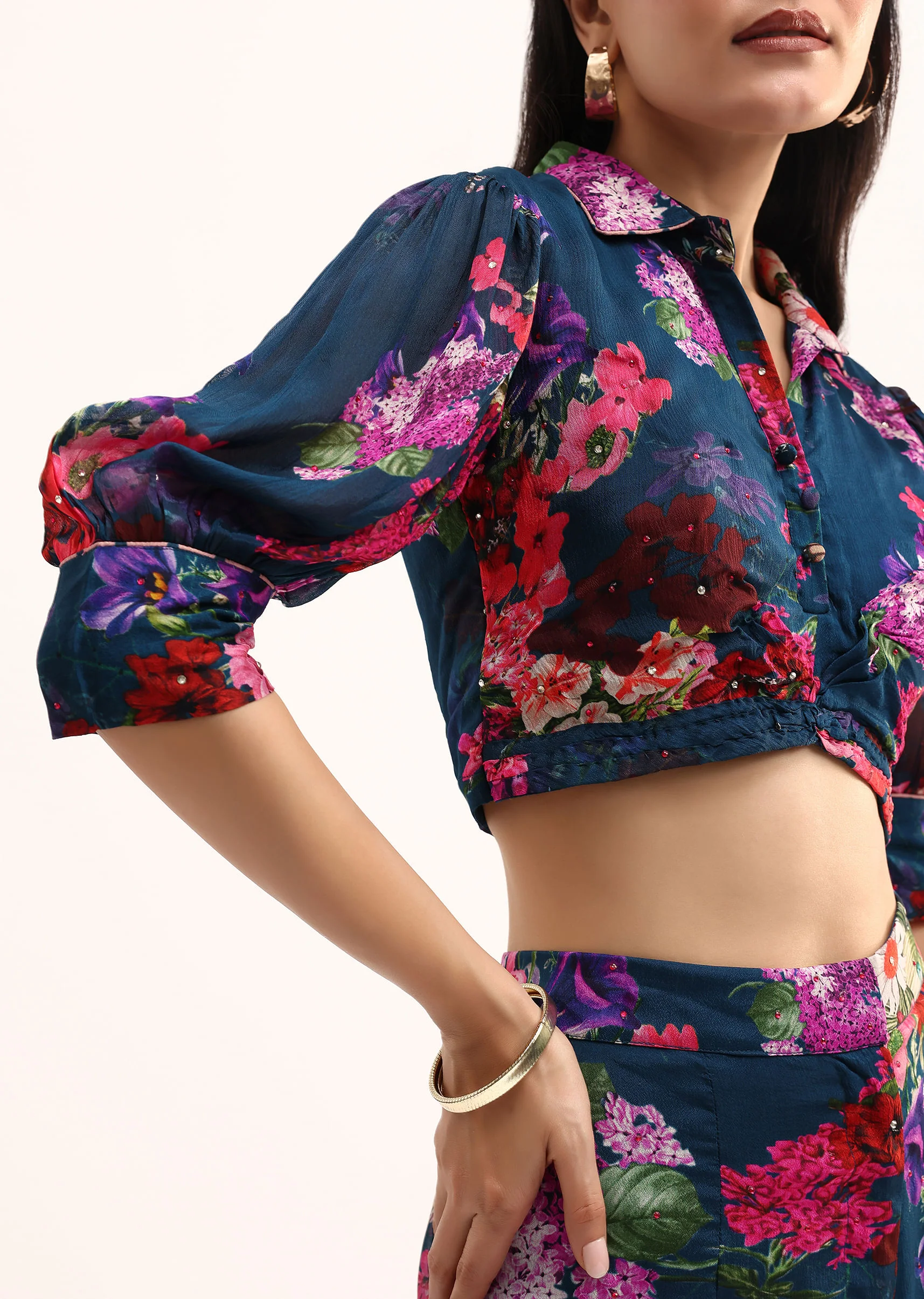Dark Teal Blue Floral Printed Chinon Crop Top And Palazzo - Image 4