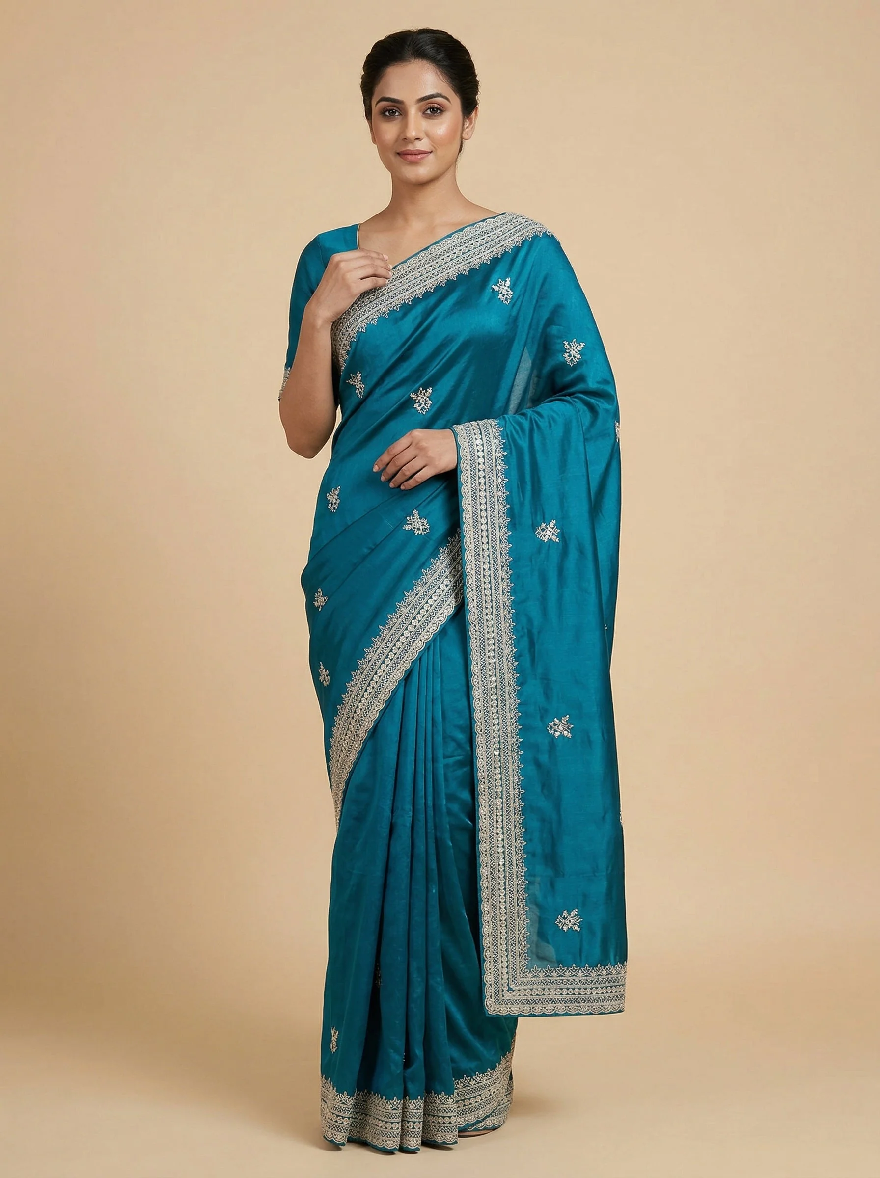 Deep Firozi Bold Embroidered Saree