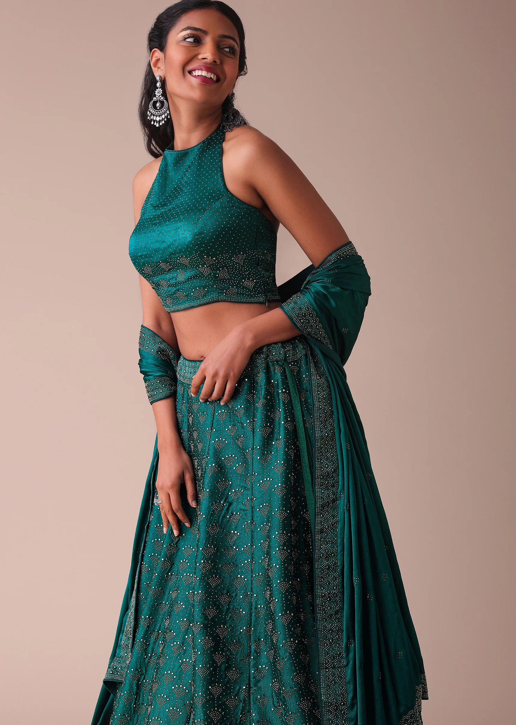 Deep Green Swarovski Embellished Lehenga In Wrinkle Satin - Image 3