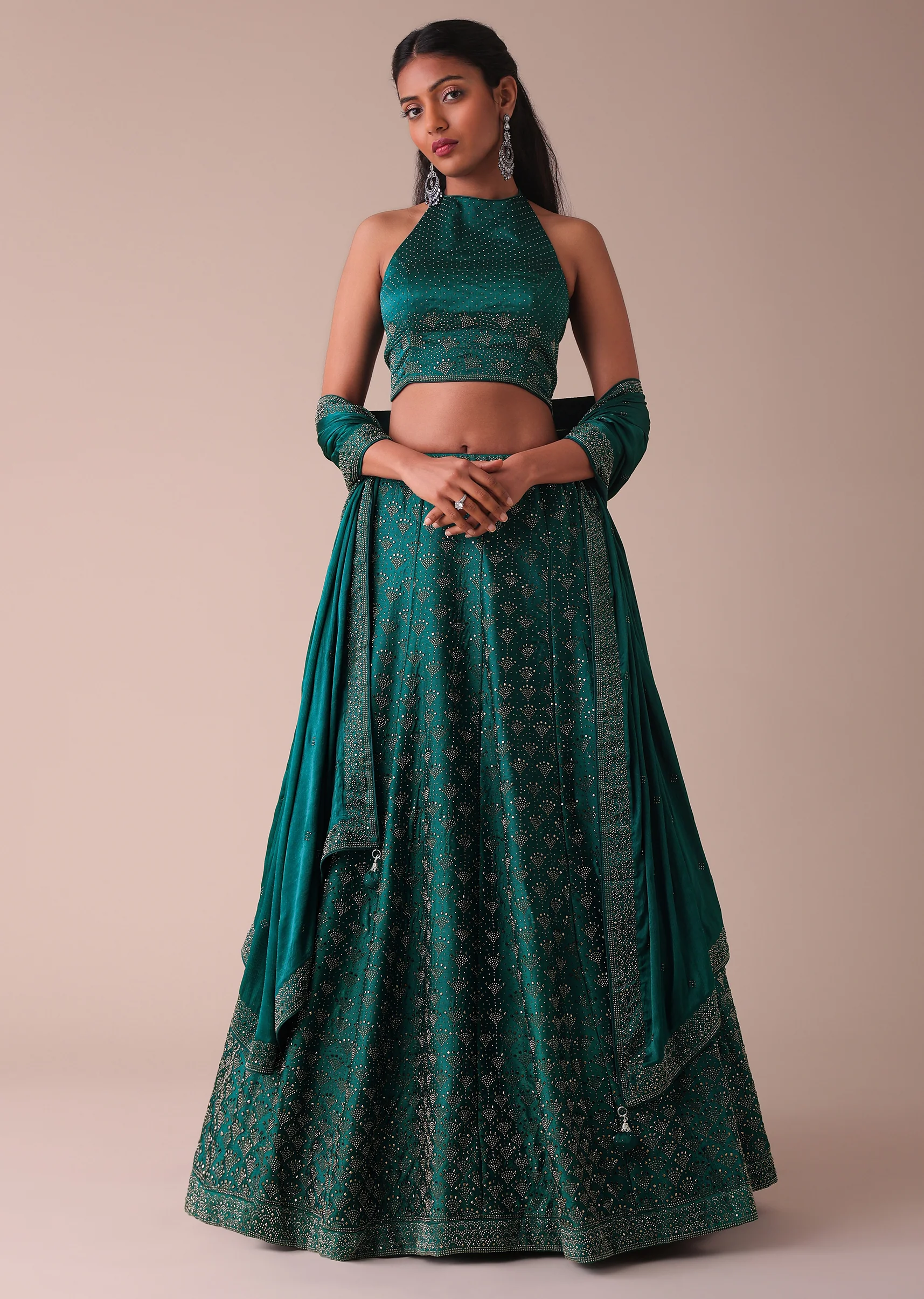 Deep Green Swarovski Embellished Lehenga In Wrinkle Satin - Image 4