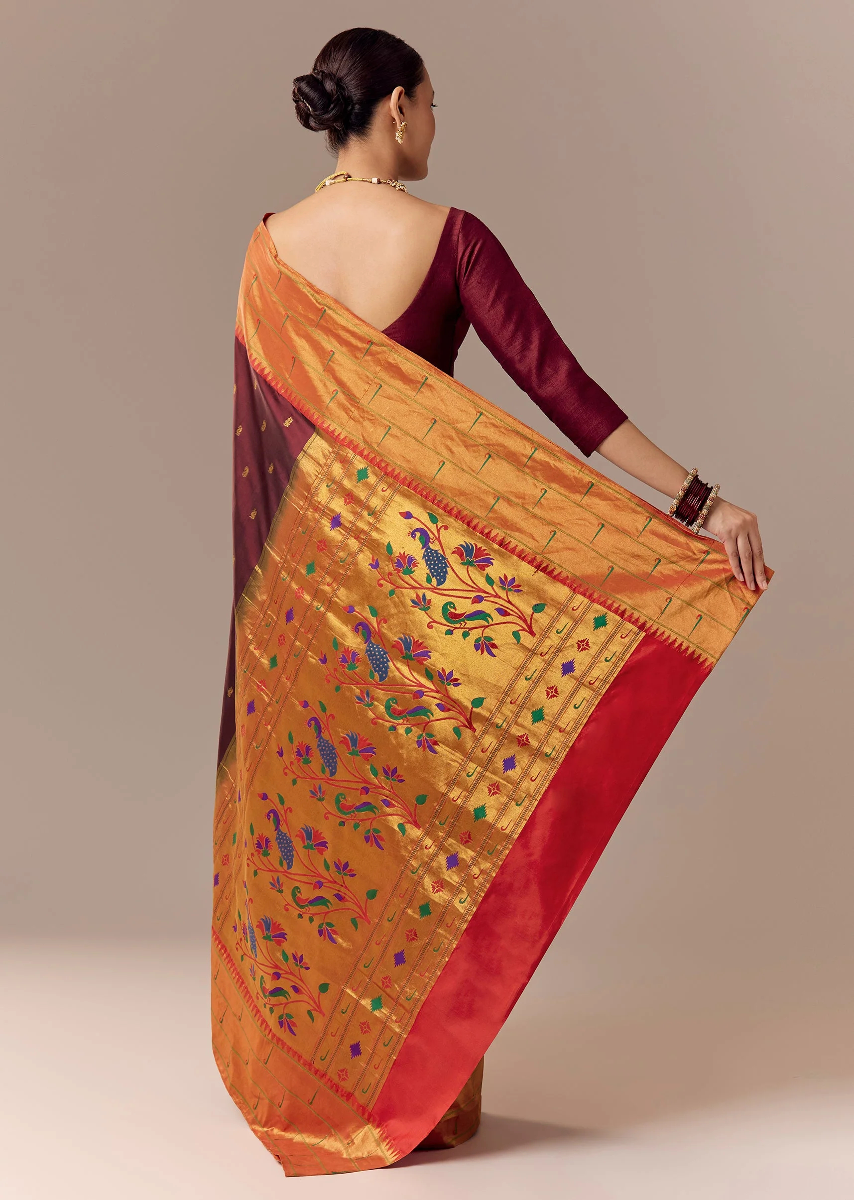Deep Maroon Paithani Saree with Muniya Motif Border - Image 4