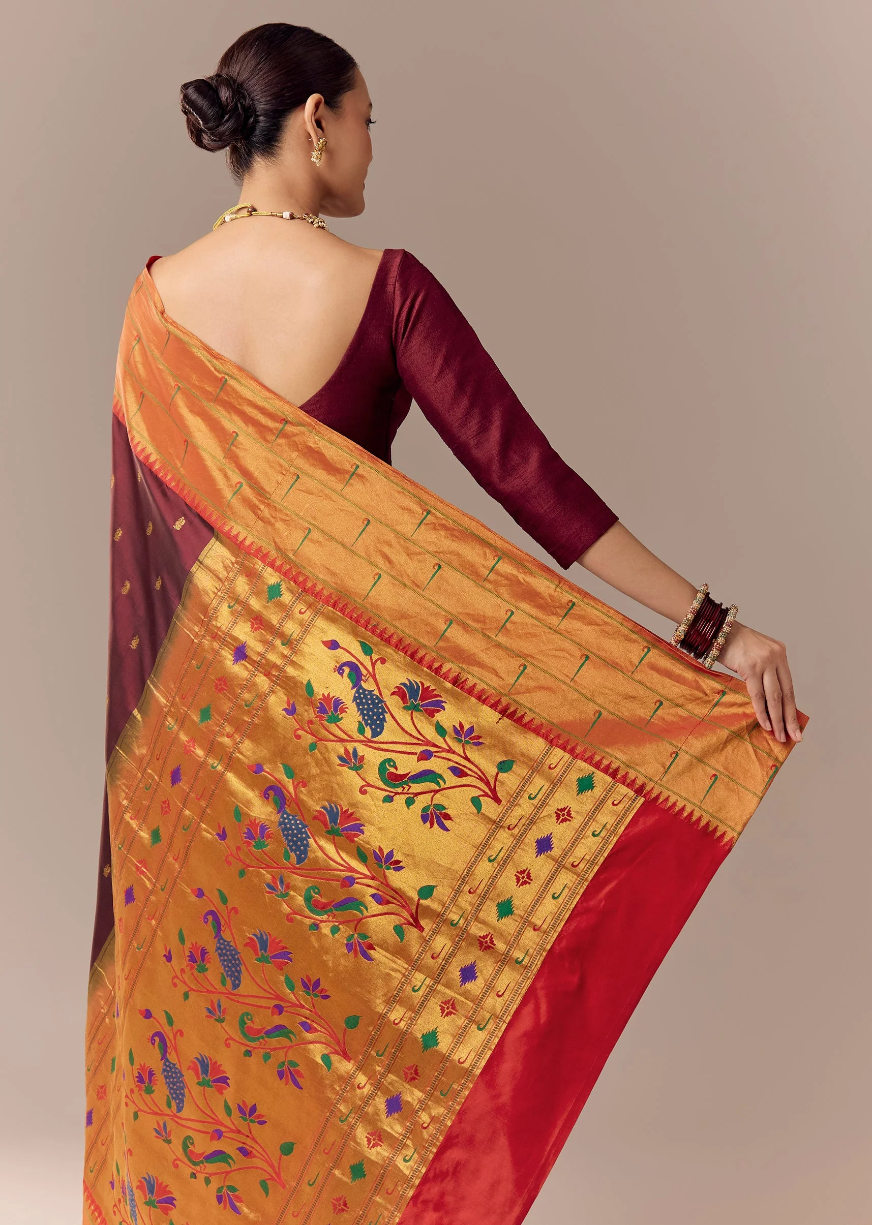 Deep Maroon Paithani Saree with Muniya Motif Border - Image 6