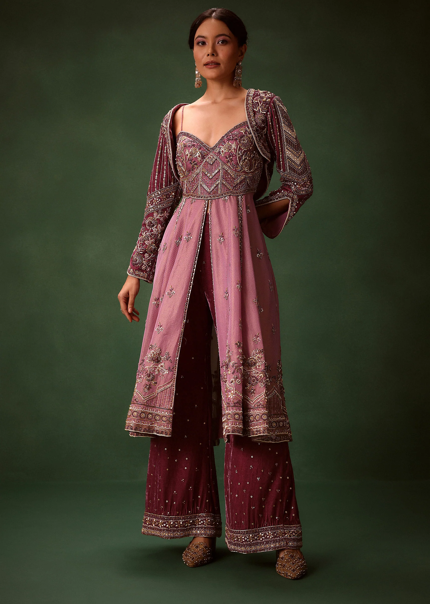 Deep Mauve Anarkali Suit Set With Velvet Pants And Embroidered Jacket