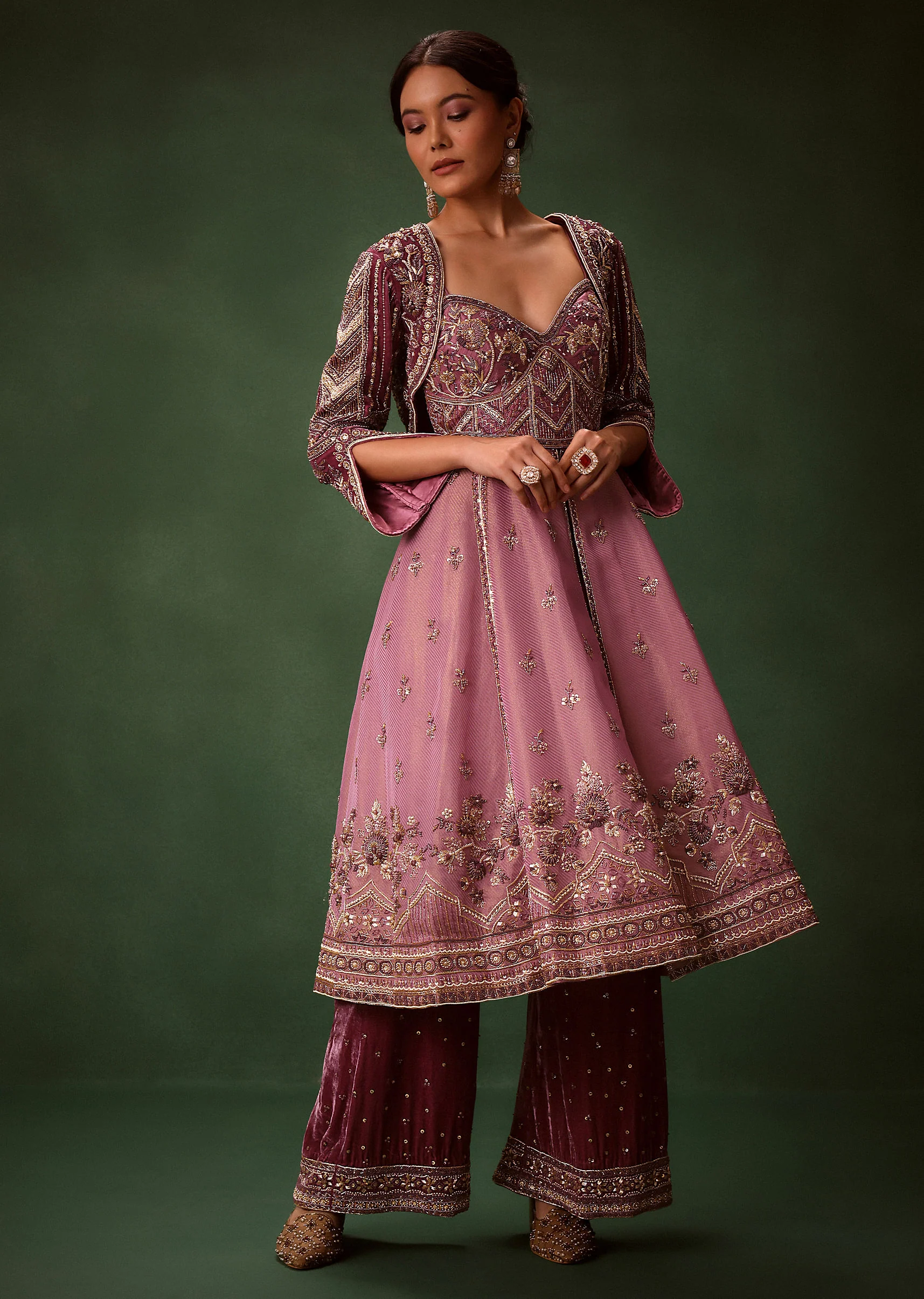 Deep Mauve Anarkali Suit Set With Velvet Pants And Embroidered Jacket - Image 3